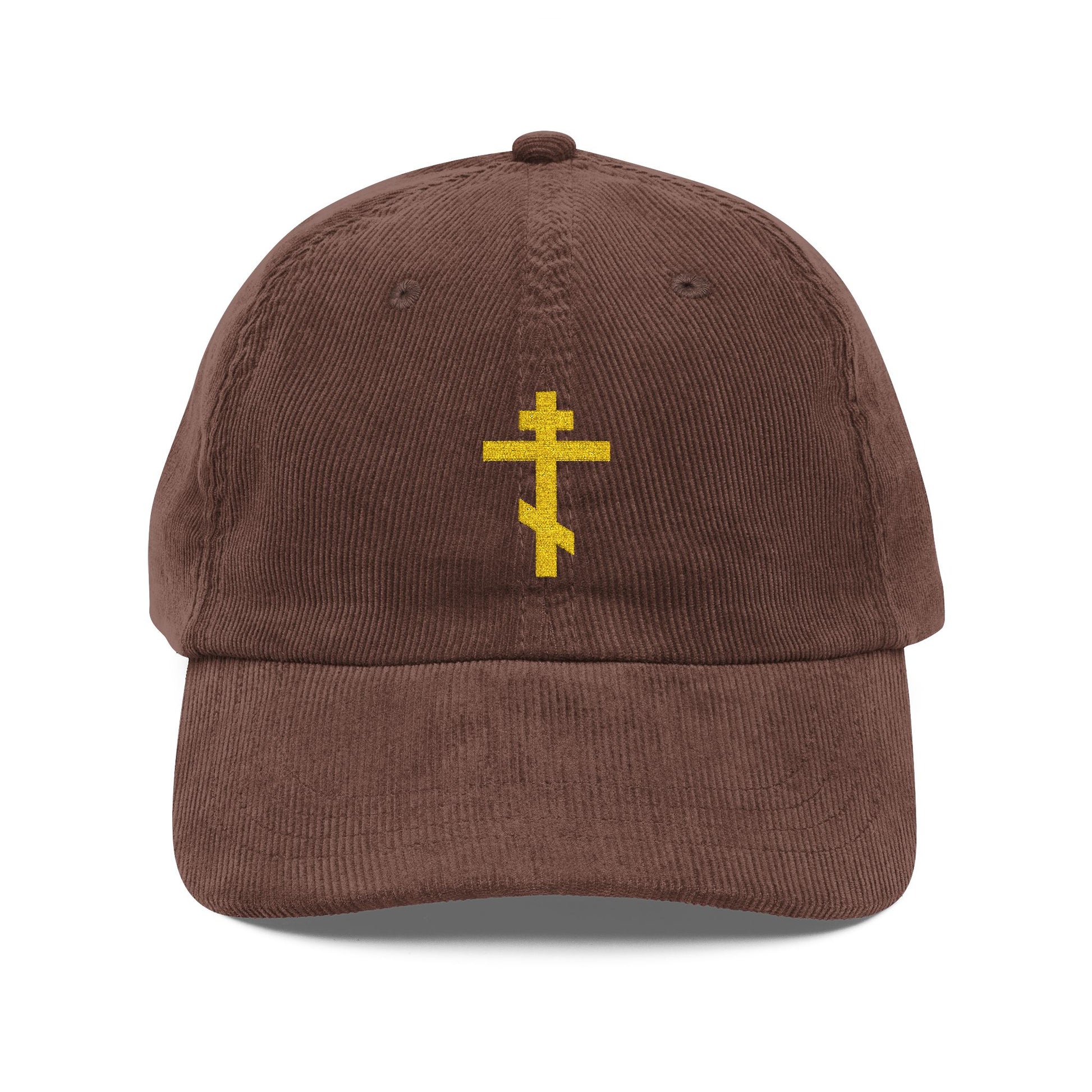 Simple Yellow Orthodox TriBar Cross cap: an embroidered cotton corduroy baseball cap featuring the Orthodox Christian symbol known as the “Weapon of Unseen Warfare Which Makes Demons Tremble.”.