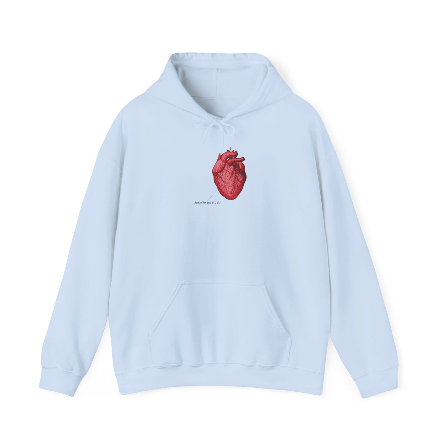 Light blue hoodie titled "Remember You Will Die | Retro Medical Textbook Heart | Orthodox Cross | Memento Mori | It's Later Than You Think | Orthodox Christian Hoodie," featuring a vivid red anatomical heart illustration and subtle black text reading "Lord's mercy" beneath it on the chest—a meaningful piece that gently reminds us of spiritual healing, repentance, and the Orthodox Christian call to remember our mortality.