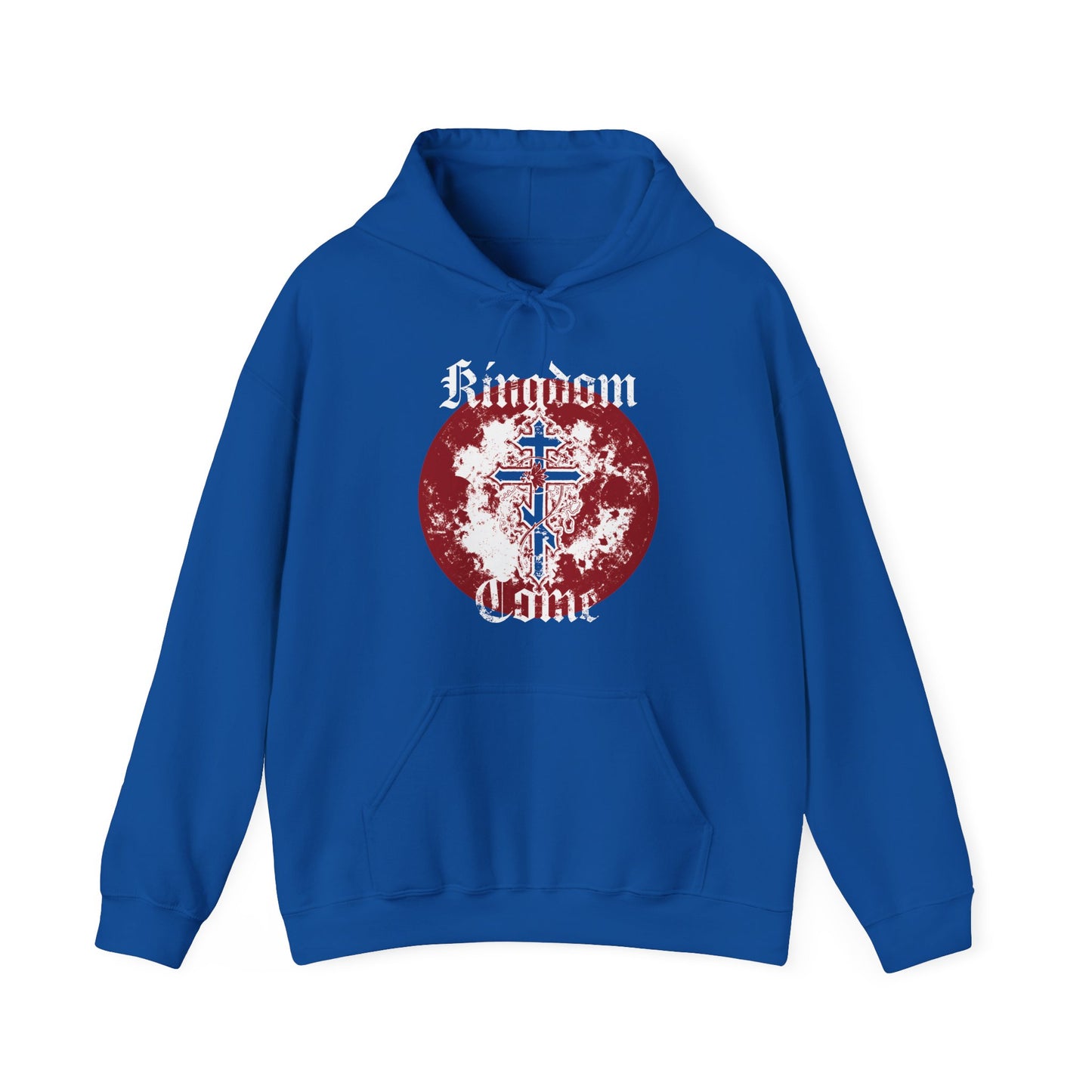 Royal hoodie featuring an Orthodox cross with vine, a red moon graphic, and "Thy Kingdom Come" in textured gothic font on the front. Inspired by the Lord’s Prayer.