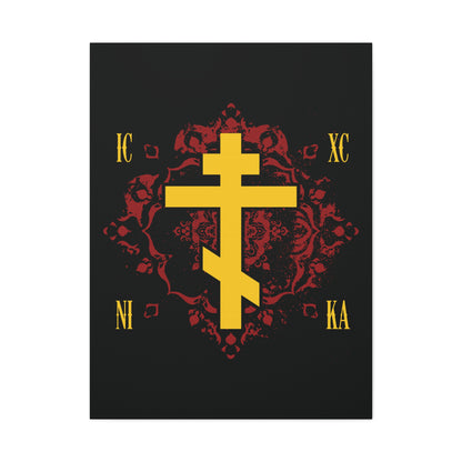 ICXC NIKA Yellow Russian Cross on ornate red background; gold Greek letters symbolize Christ conquering, inspired by Orthodox Christian teachings—canvas art representation.