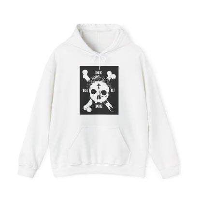 White "Die Before You Die" hoodie featuring retro skull & crossbones, Orthodox cross, and laurel wreath—Memento Mori ascetic Christian apparel inspired by Matthew 16:24-25 and the call to "take up his cross.