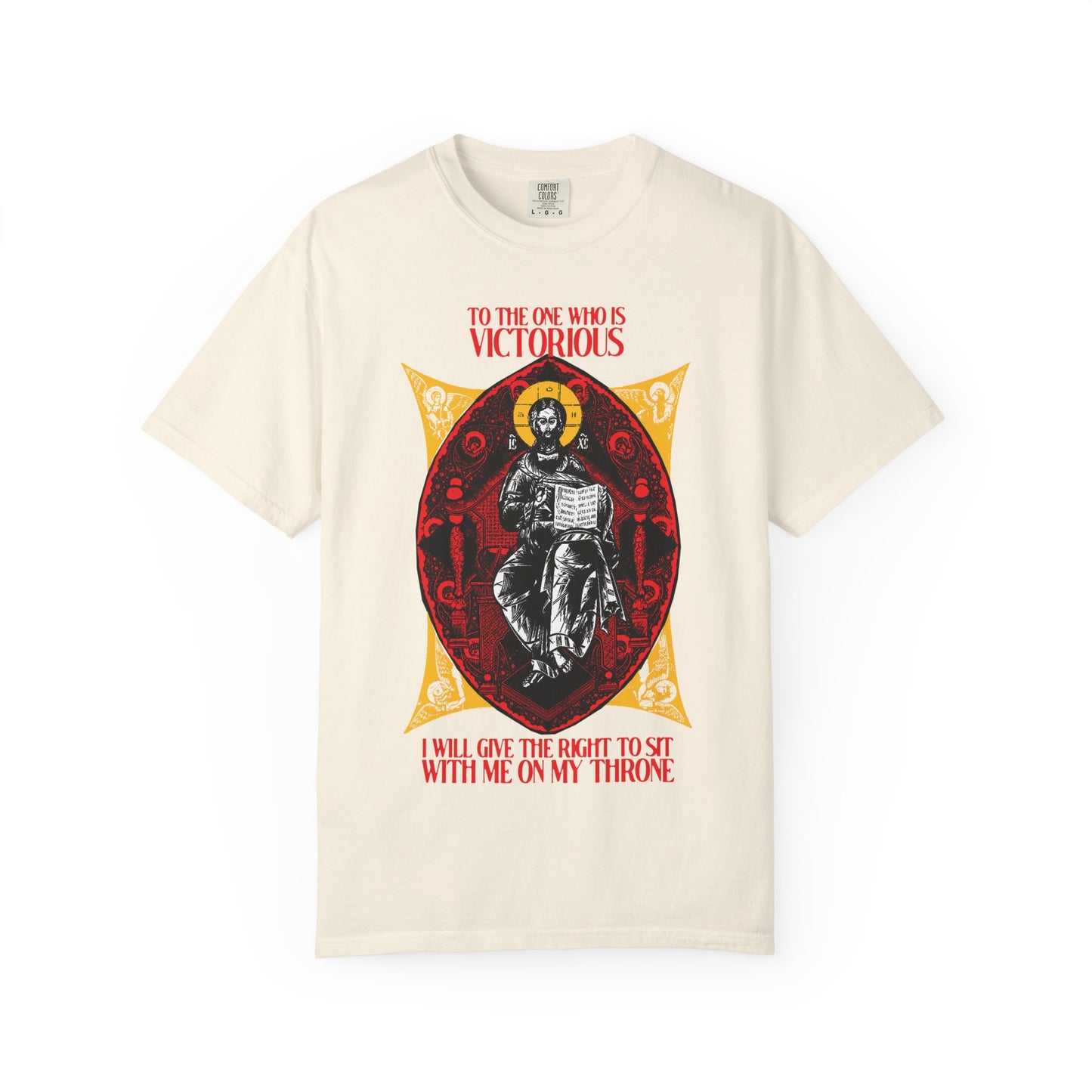 Ivory heavyweight unisex tee featuring the “Christ is King, Enthroned In Glory IconoGraphic” and “To the One Who Is Victorious (Rev 3:21)”—a bold Orthodox Christian design celebrating Christ’s promise to reign with His faithful.