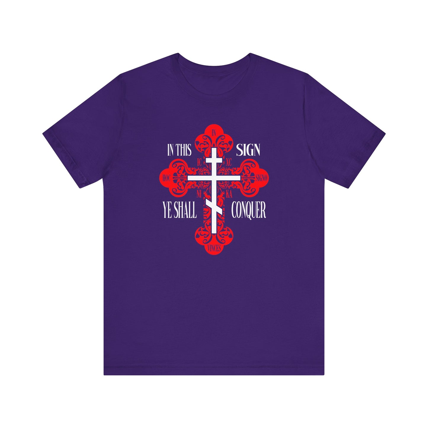 Team Purple unisex tee featuring an ornate Orthodox cross and the text “In This Sign Ye Shall Conquer”—a bold Christian statement of faith and victory in Jesus Christ.