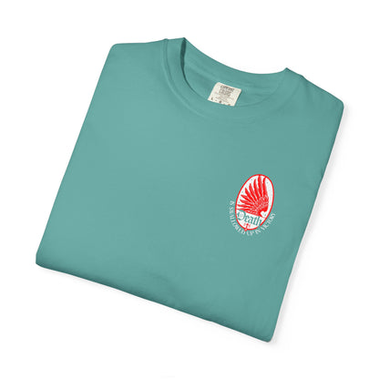 Blue-green Death is Swallowed Up In Victory (1 Cor 15:54) Art Nouveau Eagle Wing & Stars t-shirt with red wing emblem.