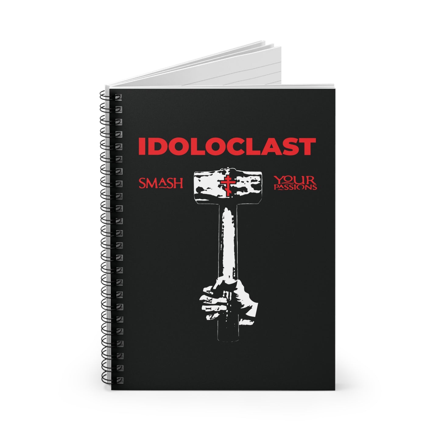 Idoloclast Idol-Smasher spiral notebook: Jesus fist with sledgehammer and “Smash Your Passions” ICXC NIKA—an ode to Christian asceticism and overcoming passions. Orthodox design.
