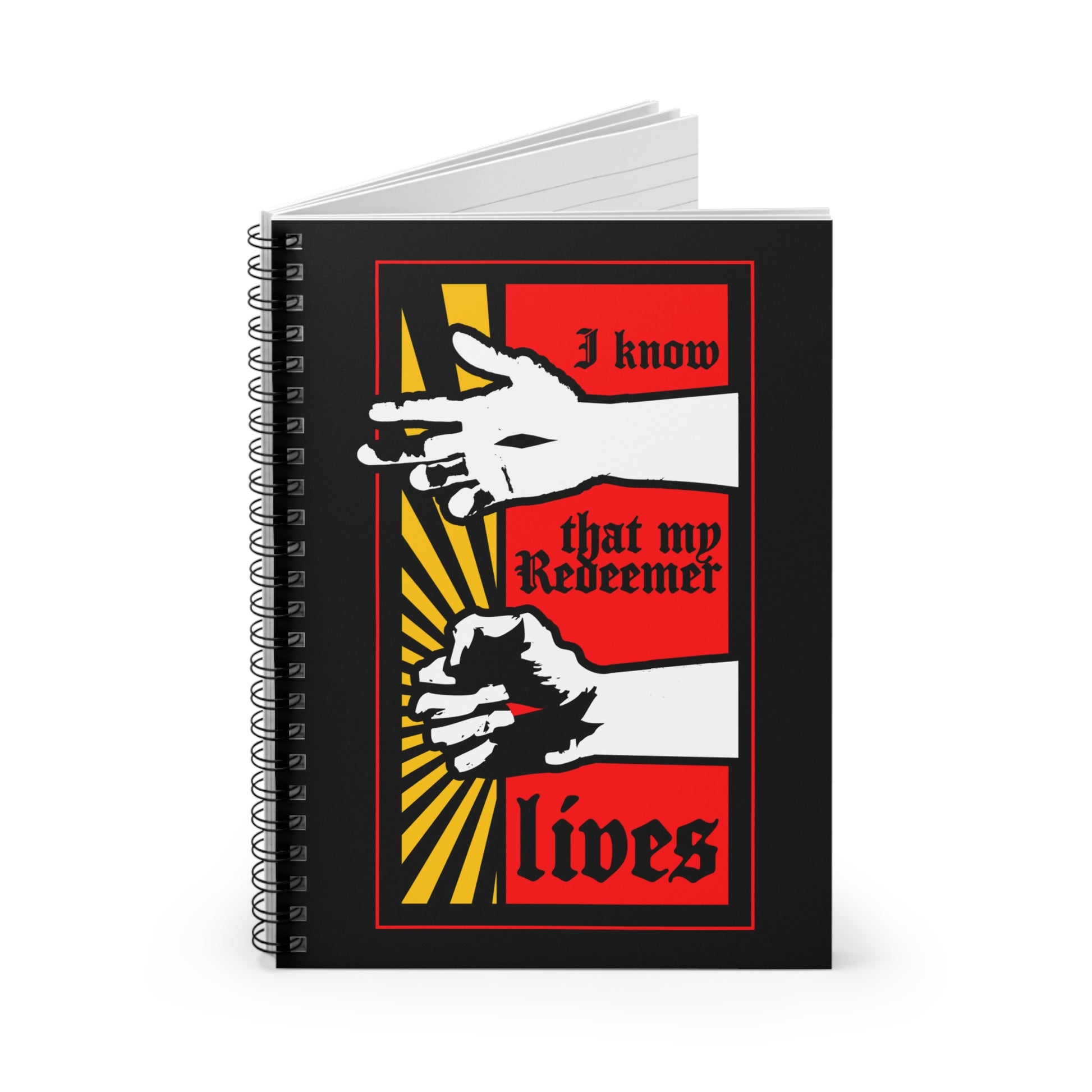 Christian spiral notebook featuring a comic book style design of the resurrected Jesus' fist with divine power and the text "I Know That My Redeemer Lives" (Job 19:25)—a bold, inspiring nod to scripture.