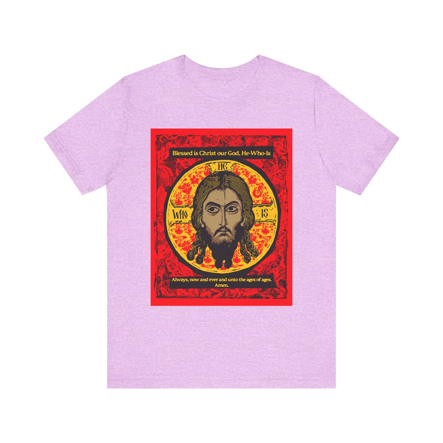 Heather Prism Lilac unisex tee featuring a stylized Jesus Christ Orthodox icon graphic (Mandylion/Image of Edessa), with hymn-inspired text and veneration themes; lightweight cotton.
