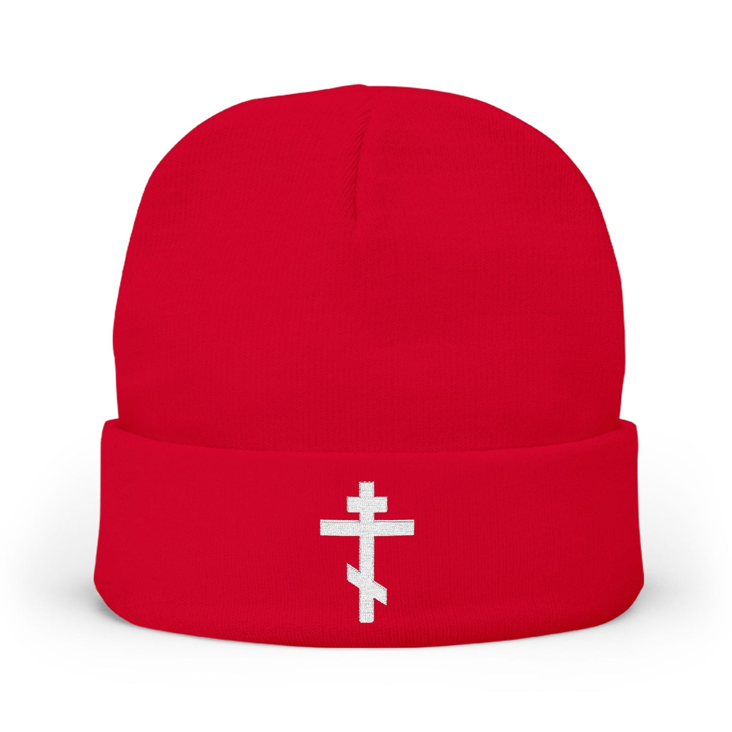Red knit beanie featuring an embroidered white Orthodox TriBar Cross and the phrase "Nail My Passions to the Wood of Thy Precious Cross O Lord," inspired by Orthodox Christian tradition.