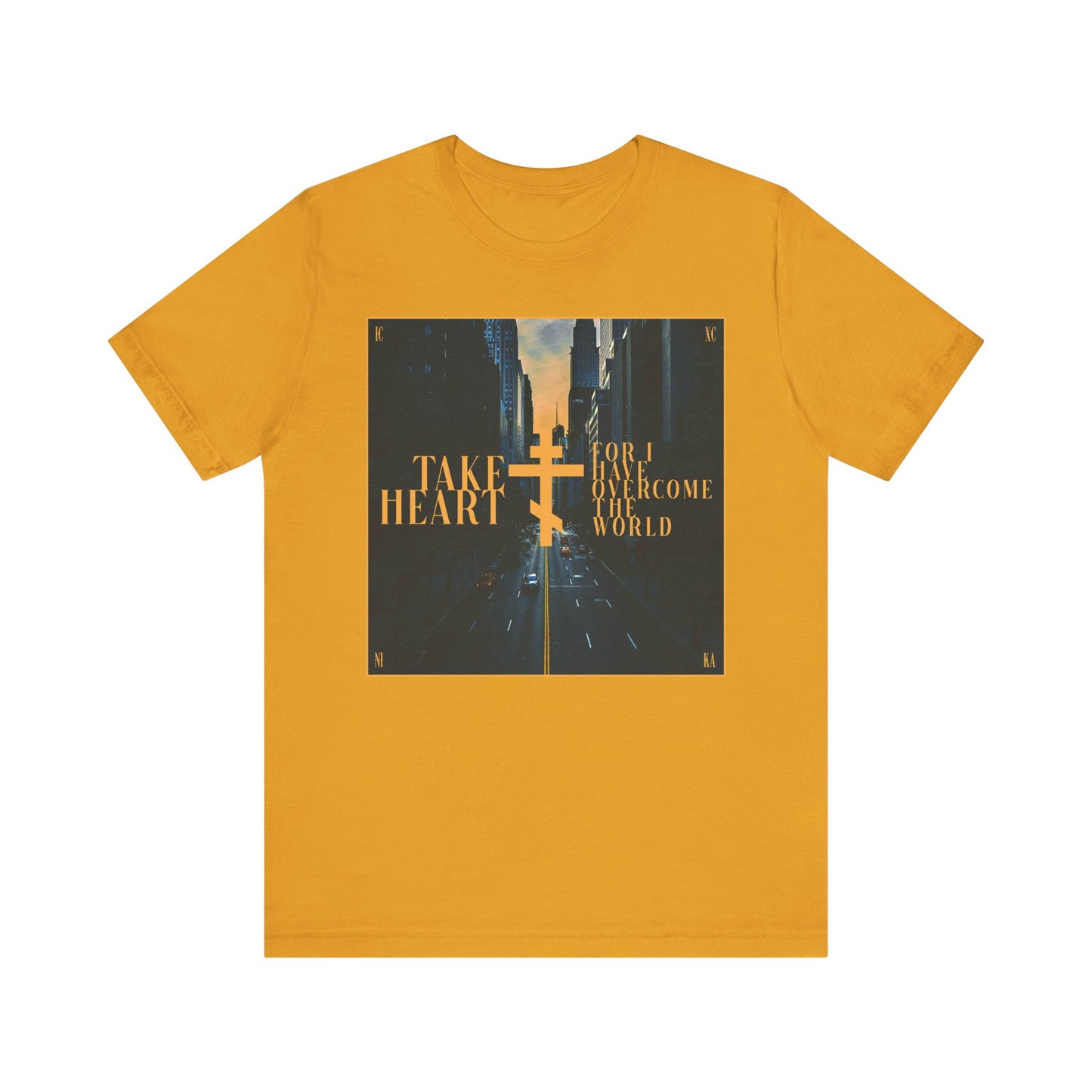 Take Heart, For I Have Overcome the World (John 16:33) | Redemptive Modern City Street Scene Design | Lightweight Cotton Unisex Tee
