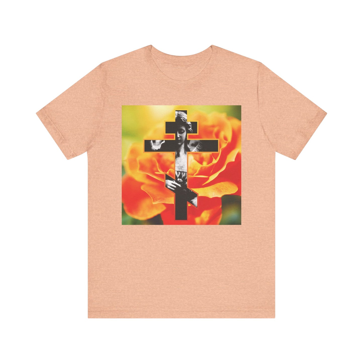 Heather peach unisex tee featuring a cemetery statue angel cross over an orange rose, inspired by the "Remember You Will Die" memento mori and Orthodox Christian themes. Lightweight cotton for comfort.