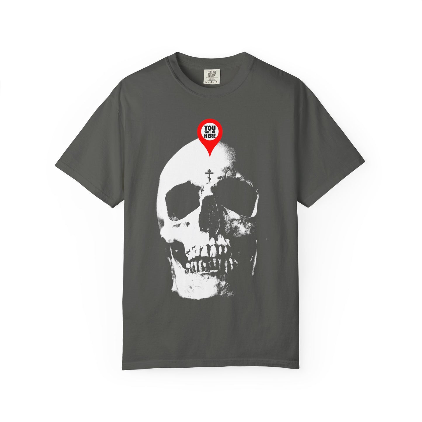 Pepper unisex heavyweight cotton tee featuring a large white skull with a red map marker on the forehead—Memento Mori design inspired by St. Ignatius Brianchaninov’s reflections; "What You Are I Once Was" message for Orthodox reflection.
