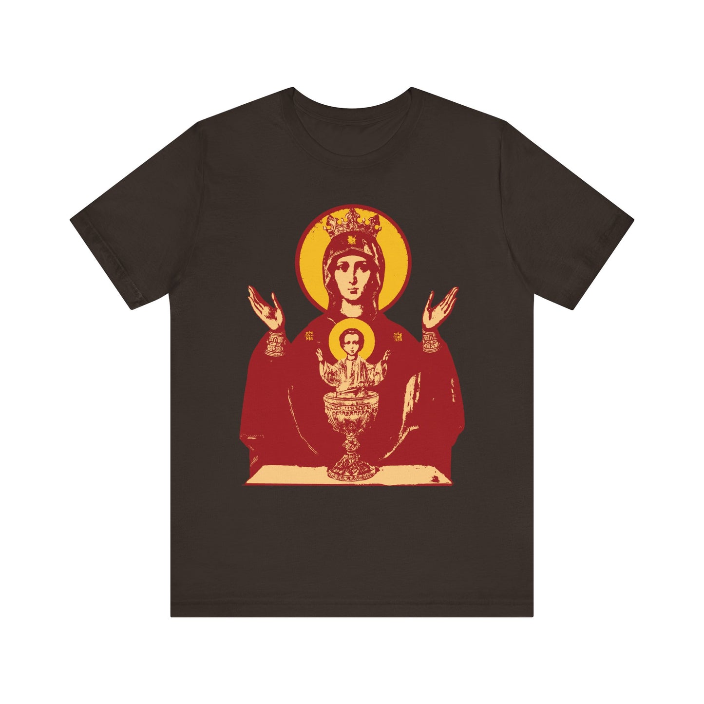 Brown unisex cotton t-shirt with a stylized red and yellow Holy Theotokos IconoGraphic of the Inexhaustible Chalice—Deliverer from Addictions, Conquer Passions—in a religious pose.