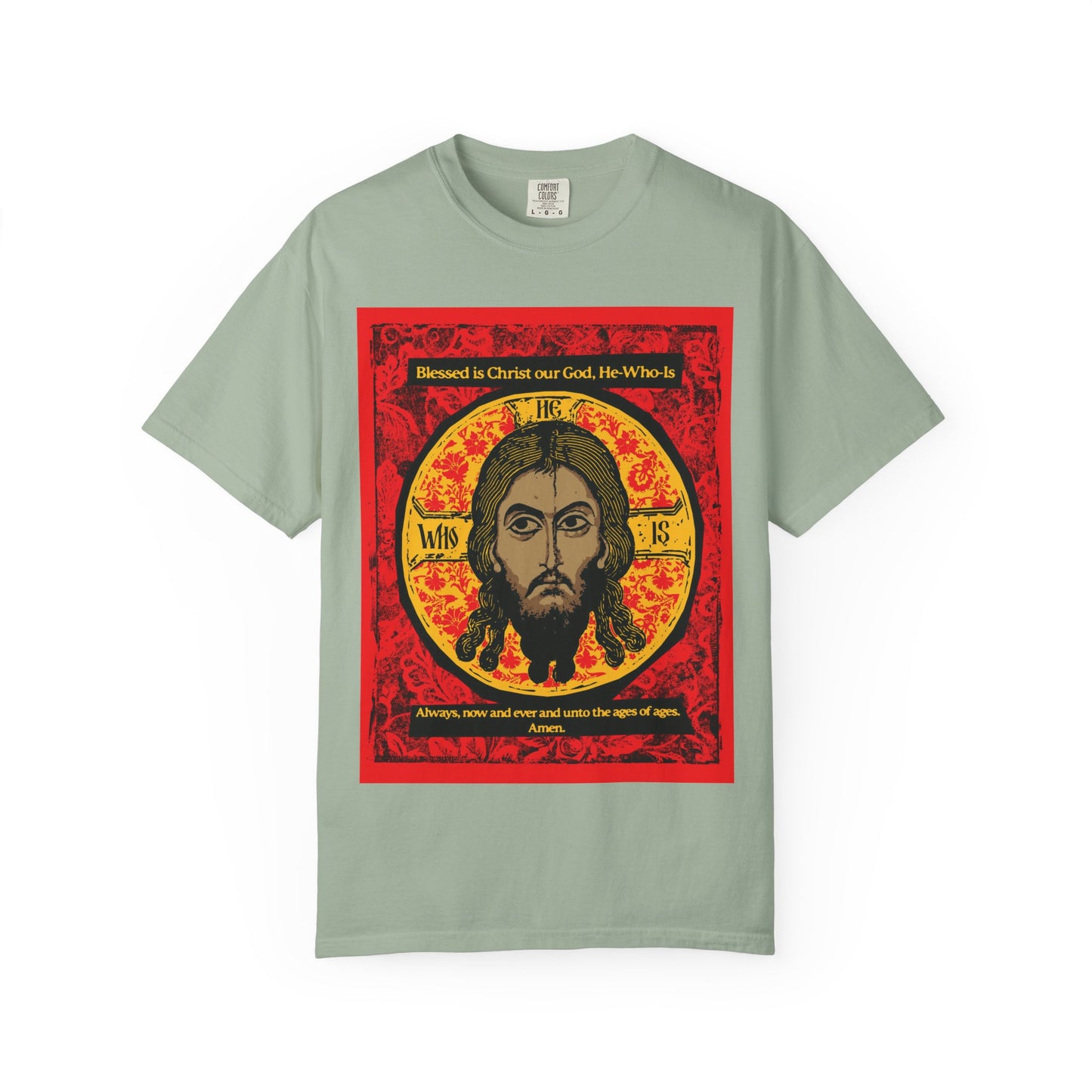 Bay-colored T-shirt featuring a graphic of Jesus Christ (Mandylion/Image of Edessa) in Orthodox icon style, with hymn-inspired text. Unisex heavyweight cotton.