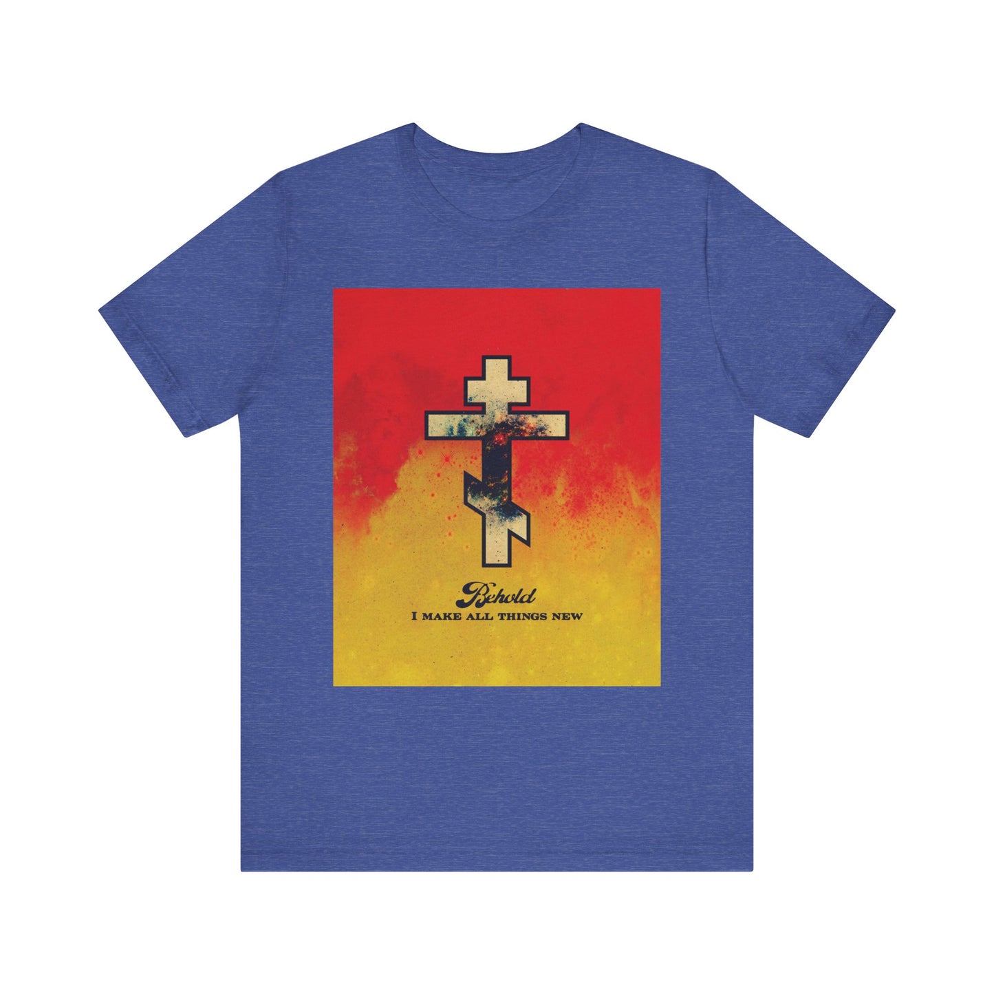 Heather True Royal unisex tee featuring a cosmic Orthodox cross on a red and yellow background with “Behold, I Make All Things New” (Rev 21:5) text; lightweight cotton, inspired by Bible verses about renewal.