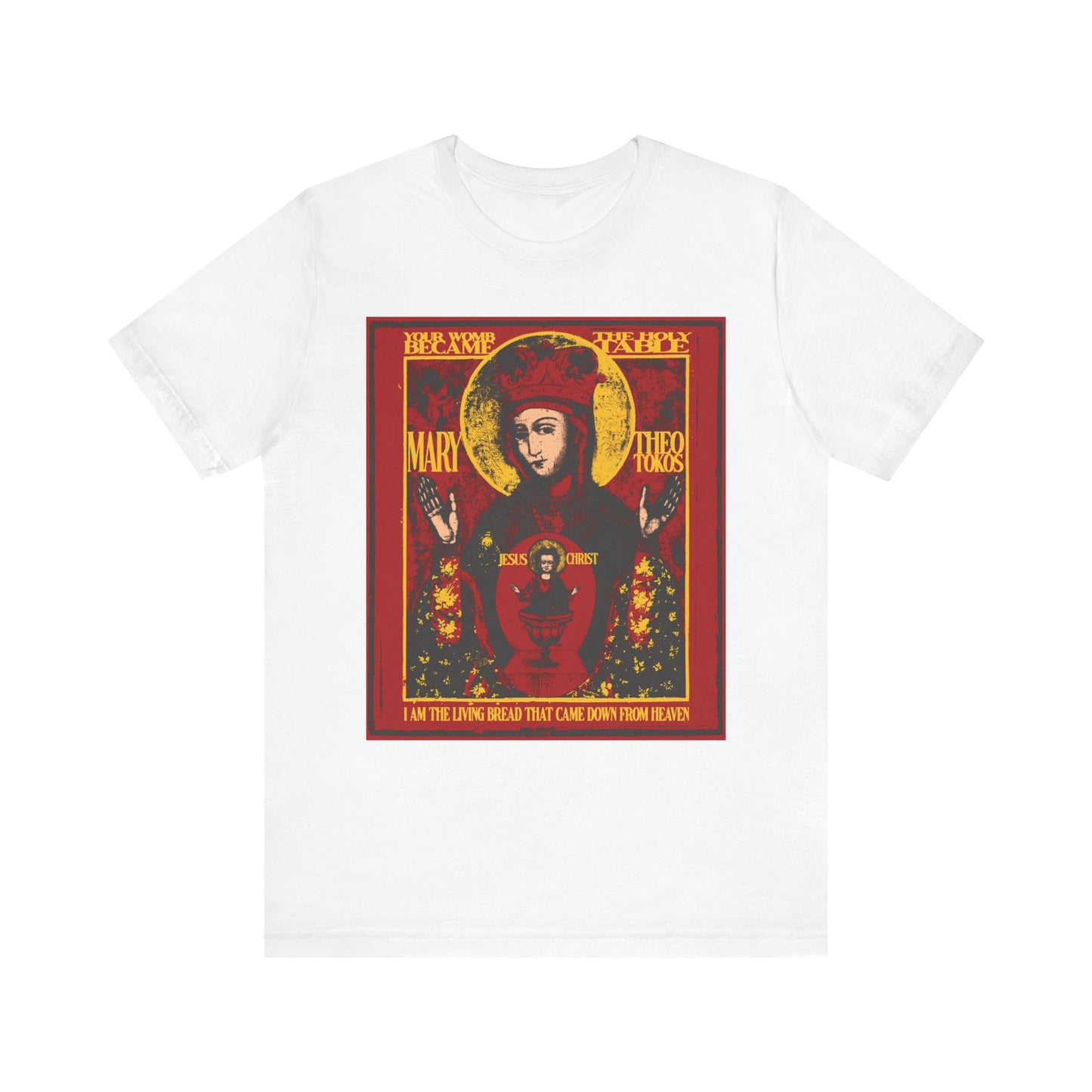 White unisex cotton tee featuring an Orthodox iconographic depiction of the Mother of God of Nicaea, Christ in Chalice, adorned with gold accents on a rich red background, inspired by ancient religious art.
