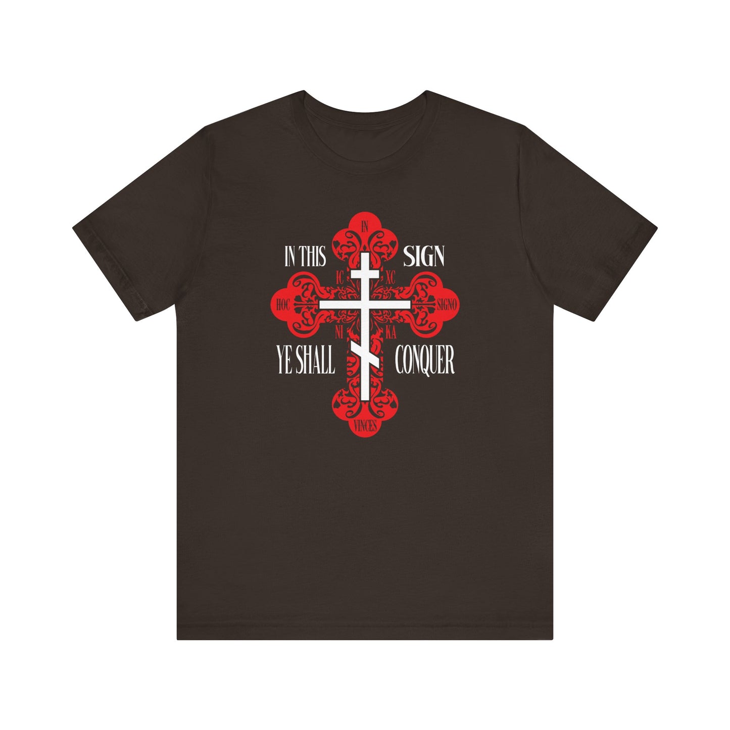 Brown lightweight cotton unisex tee featuring a red ornate Orthodox cross and the text "In This Sign Ye Shall Conquer," inspired by Orthodox prayer traditions.