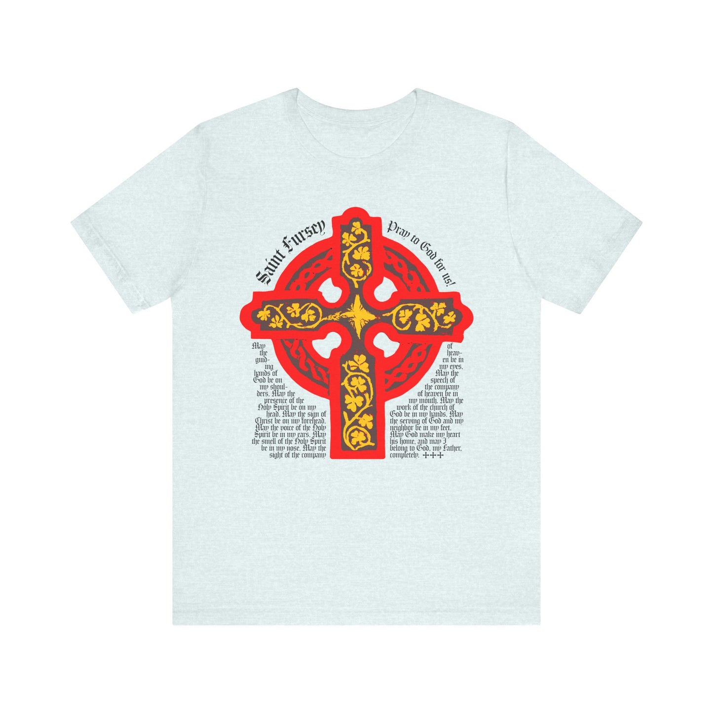Heather Ice Blue unisex tee with a red and yellow Celtic cross design, inspired by the Lorica Shield Prayer of St Fursey and Ancient Celtic Church prayers. Lightweight cotton, Irish Orthodox Western Rite Christian style.