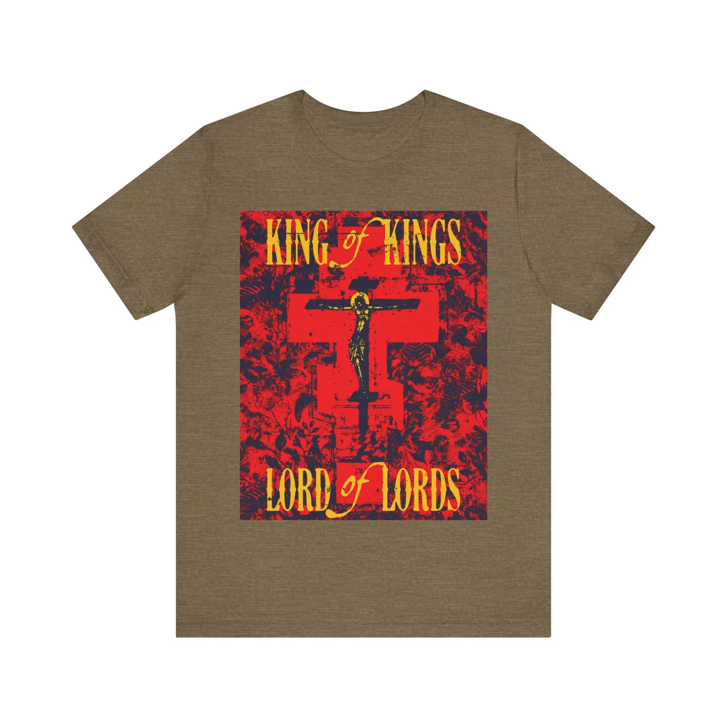 King of Kings, Lord of Lords | Christ Crucified Orthodox Icono-Graphic | Yellow & Red Design | Nature Texture | Lightweight Cotton Unisex T-Shirt