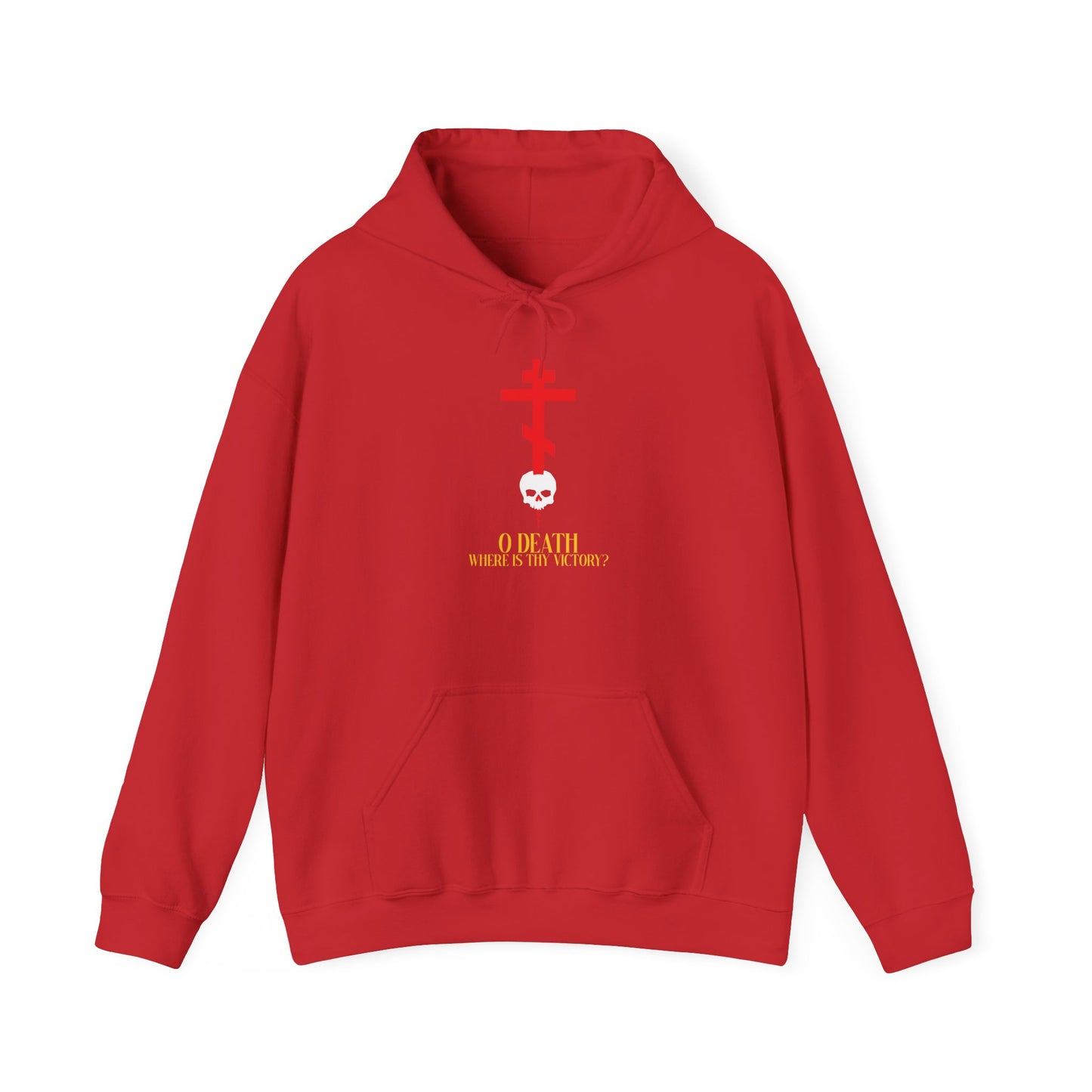 Red "O Death Where is Thy Victory? (1 Corinthians 15:55)" Orthodox Christian hoodie featuring a bold cross piercing a white skull and yellow text on the front—a striking design inspired by the vivid resurrection hymns of St Romanos the Melodist and celebrating Jesus Christ as King.