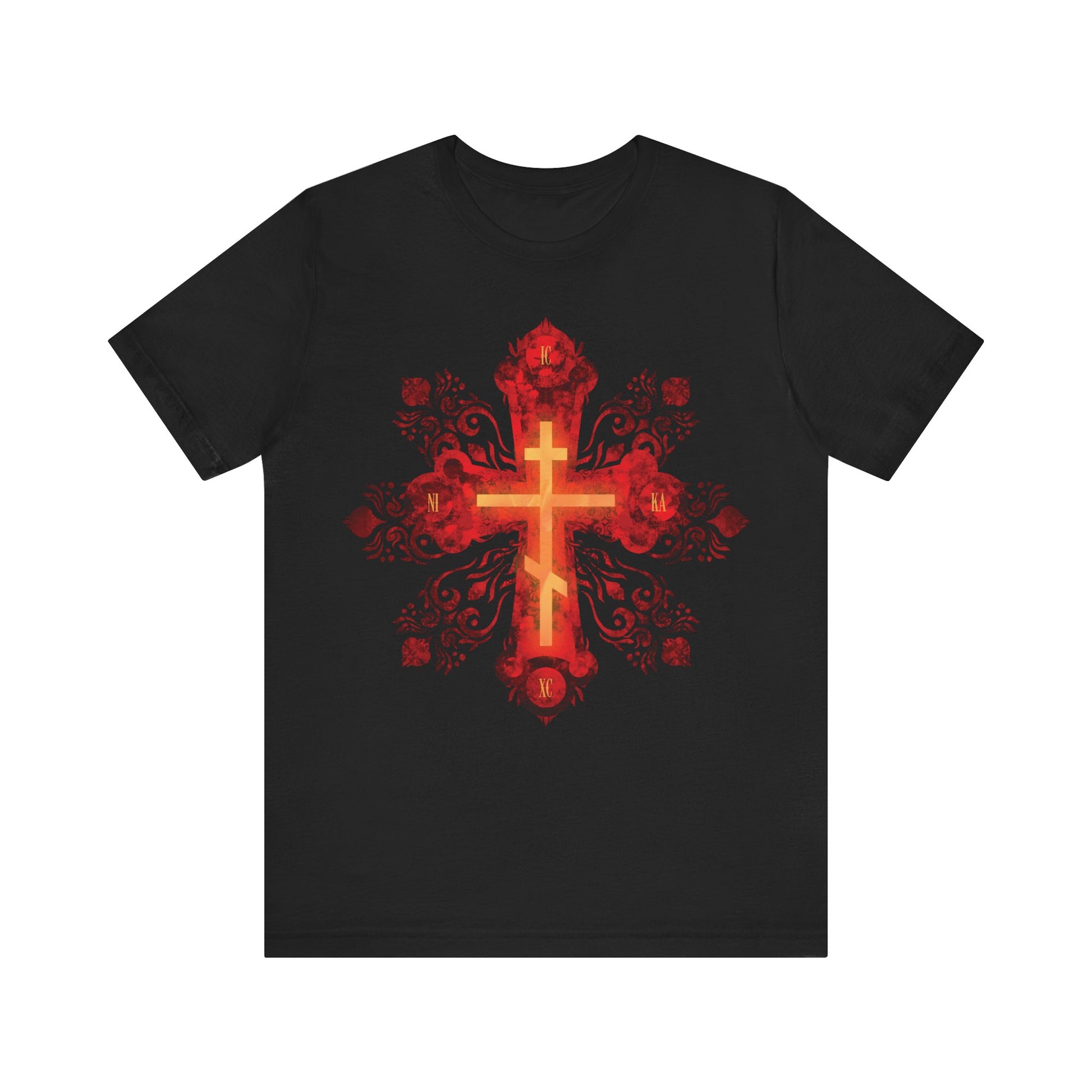 Black cotton tee featuring a red and gold ornate Russian-style Orthodox cross with "He was pierced for our transgressions"—a Christian unisex shirt inspired by precious, life-giving faith.
