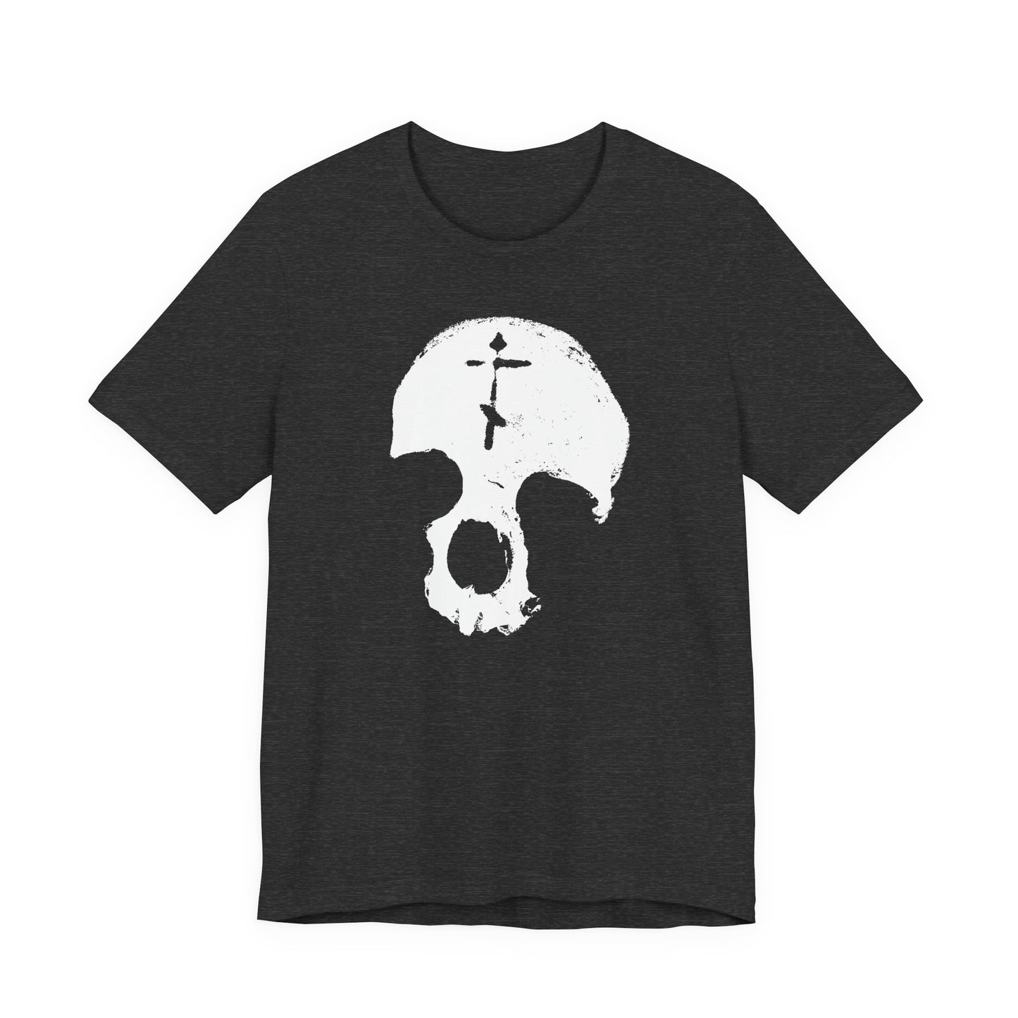 Dark Grey Heather unisex tee featuring a minimalist white skull with Orthodox cross, inspired by "All is Vanity" and "Remember You Will Die" (Memento Mori). Cotton fabric; perfect for those who appreciate Gothic Christian style.