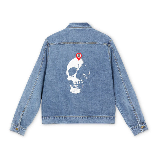 Medium denim wash jacket with a white skull and red map marker on the back—“You Will Be Here” design inspired by Memento Mori and St. Ignatius Brianchaninov’s reminder to reflect on life’s deeper meaning.