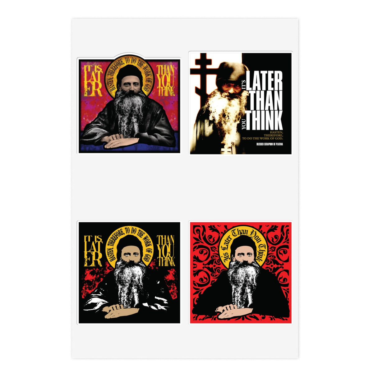 Fr Seraphim Rose Four Sticker Sheet No. 1—stylized saint portraits for modern Orthodox Christian decor.