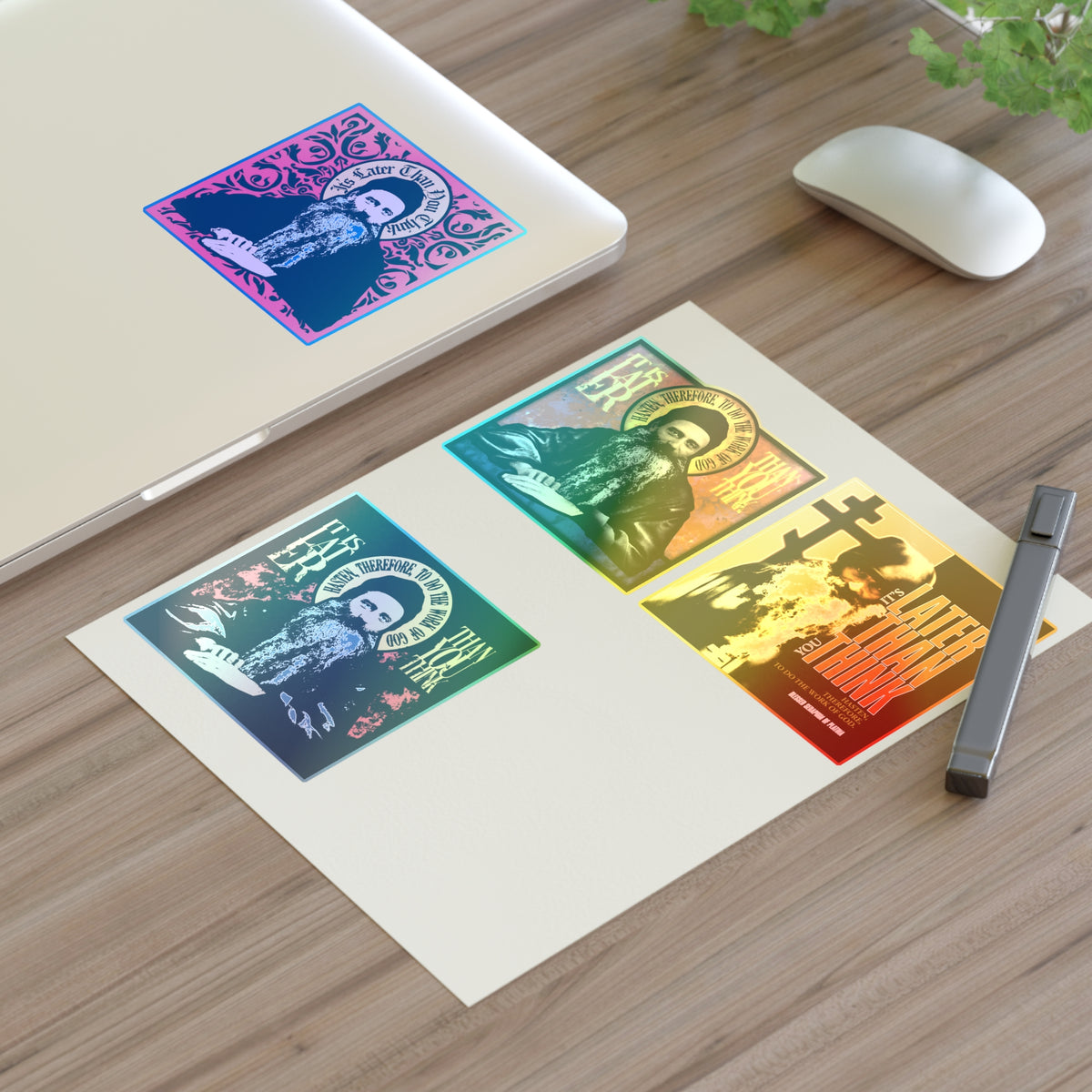 Fr Seraphim Rose Four Sticker Sheet No. 1 shown on a desk with laptop, mouse, and pen.