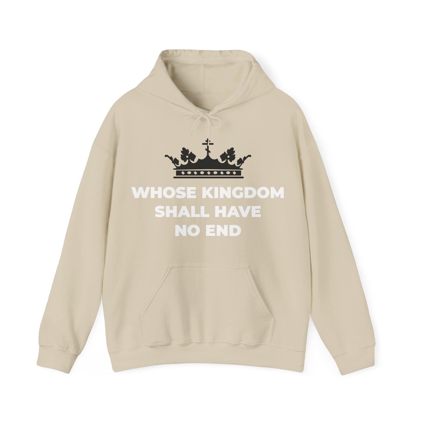 Sand-colored hoodie featuring a red Orthodox cross crown graphic and the words "Whose Kingdom Shall Have No End," inspired by the Nicene Creed and Christian eschatology.