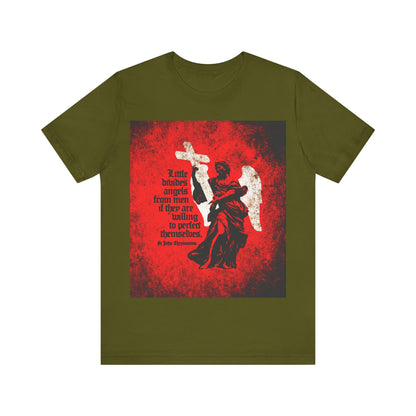 Olive "Little Divides Angels from Men" Orthodox Christian T-shirt featuring a textured cemetery angel and St John Chrysostom’s message on Christian perfection.