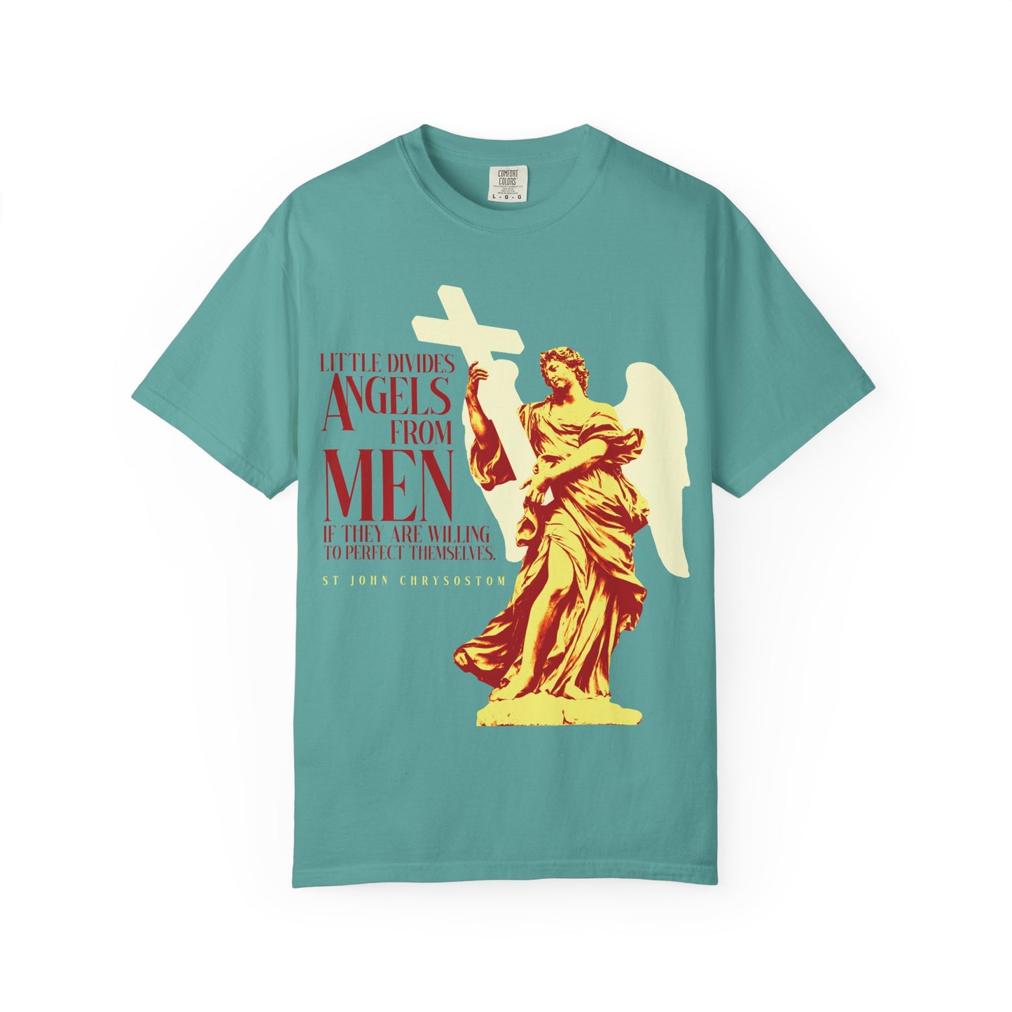 Seafoam t-shirt featuring a yellow statue of an angel and red text that reads, "Little divides angels from men if they are willing to perfect themselves," inspired by St John Chrysostom’s reflections on human nature and virtue.