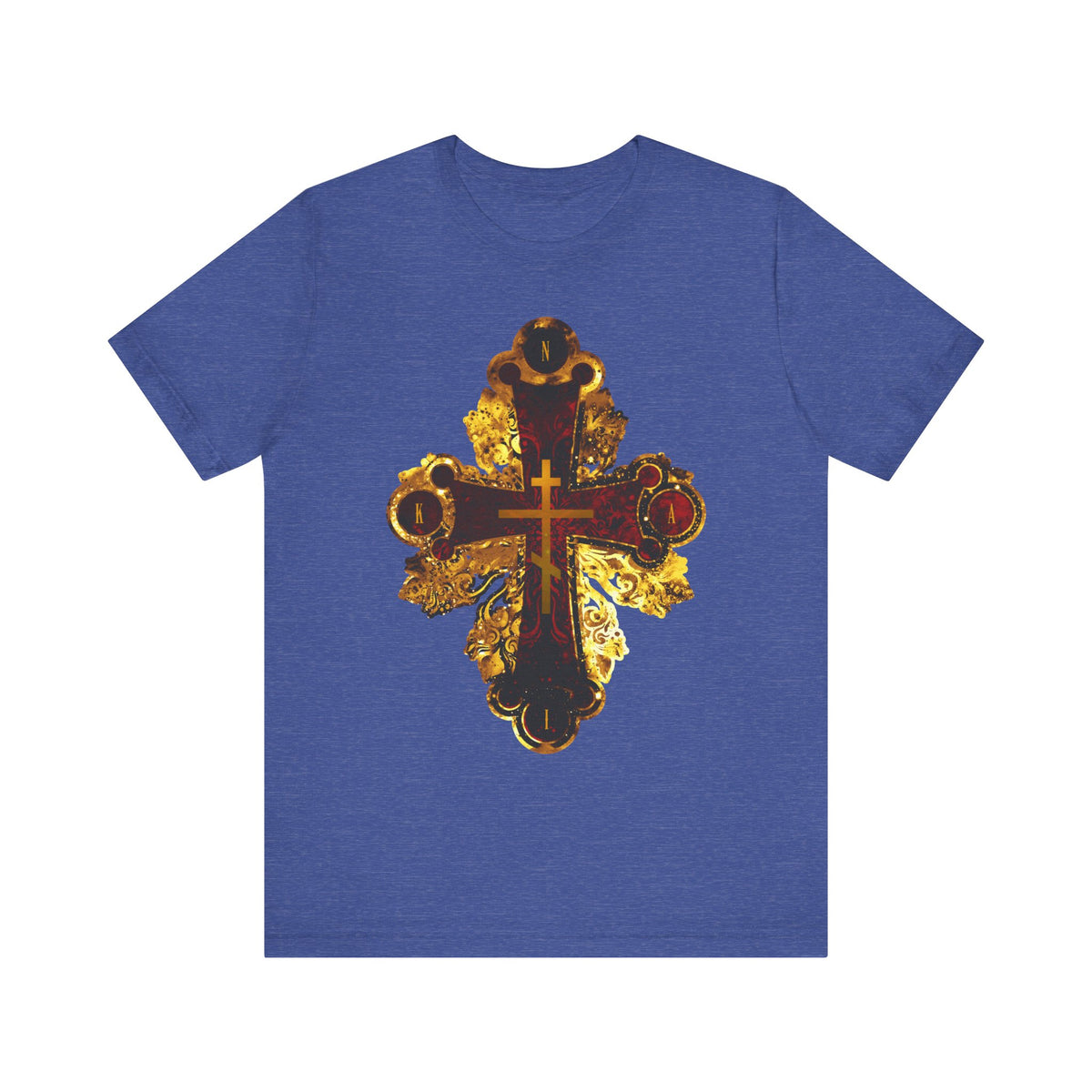 Heather True Royal t-shirt featuring an ornate metallic style Orthodox NIKA Cross in a red and gold textured design, inspired by the rich symbolism of the Cross found in Sessional Hymn chants from Tone 3 Tuesday Matins; crafted from lightweight cotton for a comfortable unisex fit.