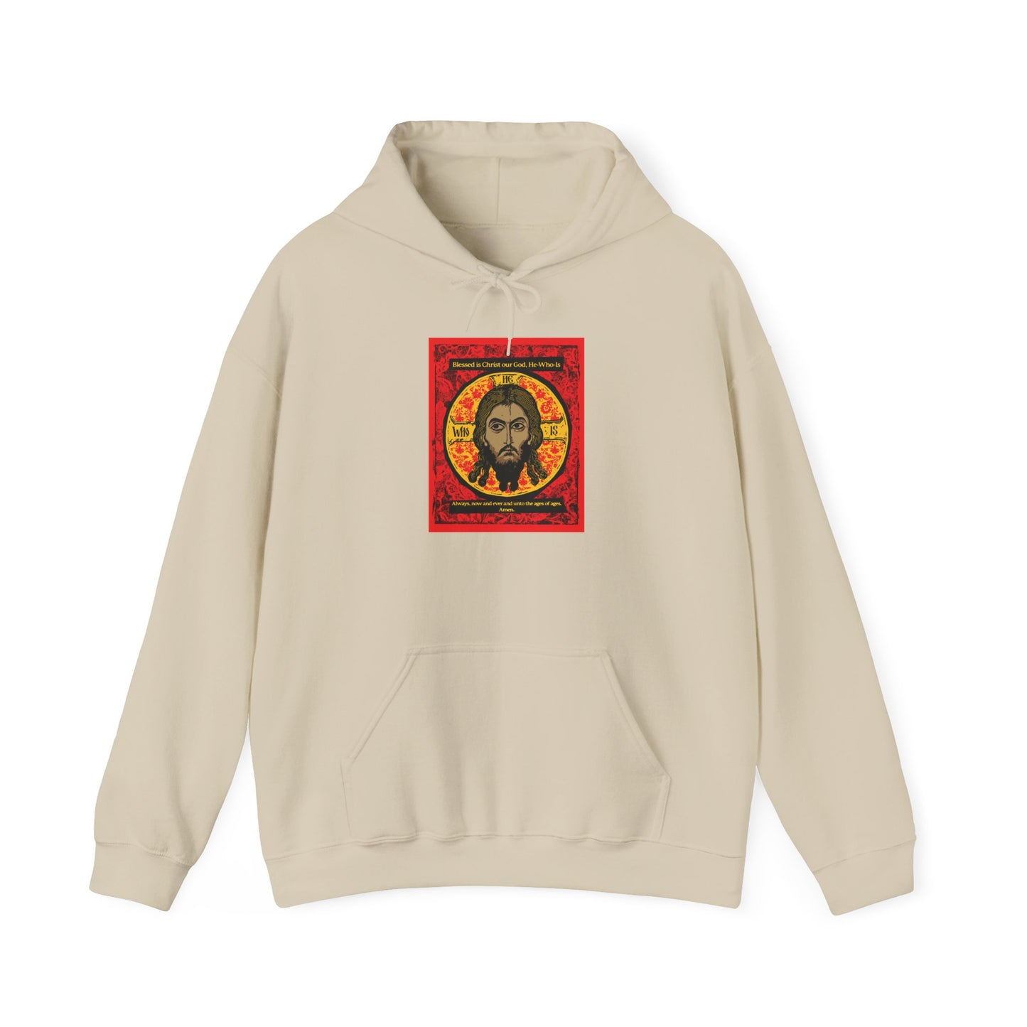 Sand-colored hoodie featuring a vibrant red, black, and yellow graphic design of the Mandylion (Image of Edessa), depicting Jesus Christ’s face in the style of an Orthodox icon.