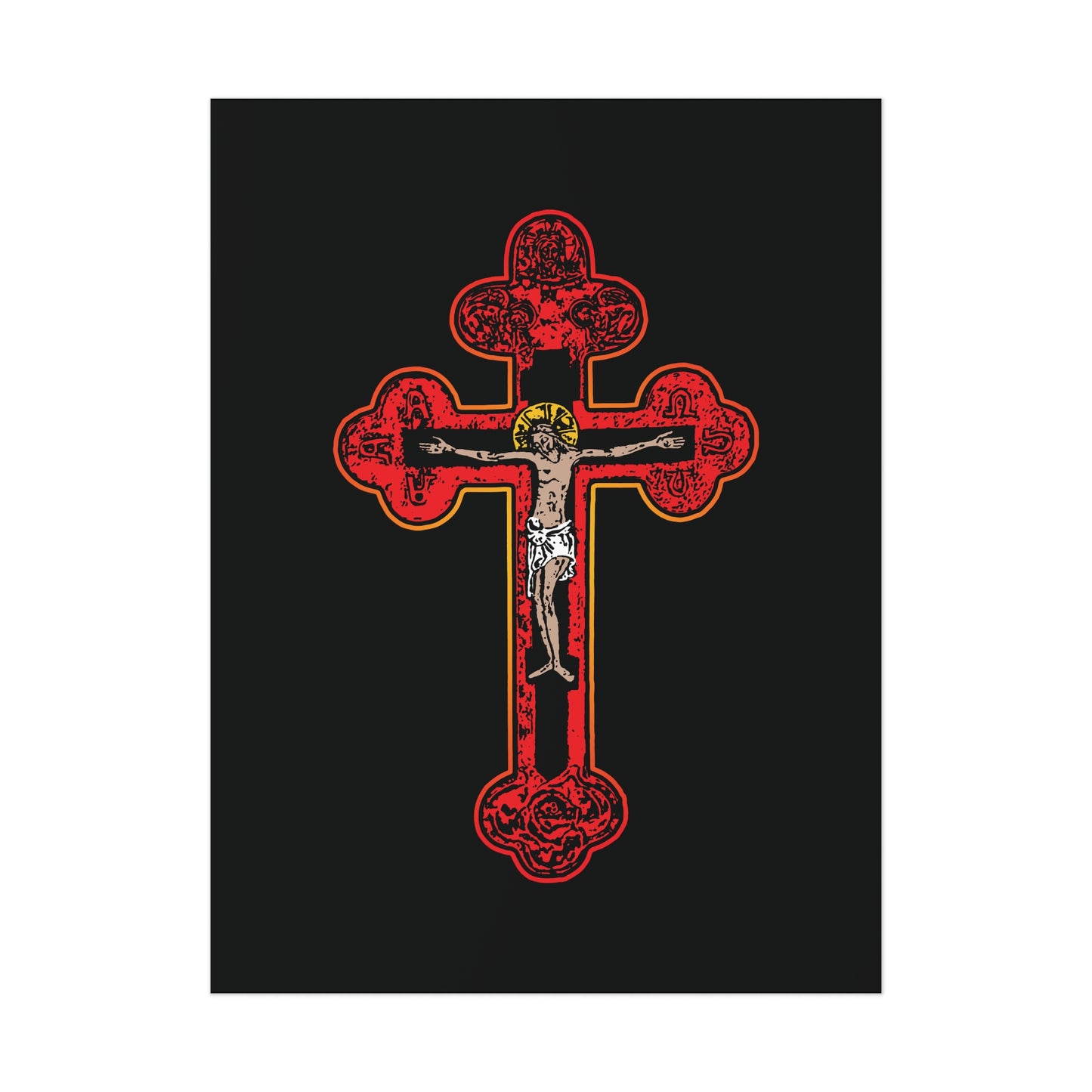 Red Orthodox Christian Crucifix | Byzantine Golgotha Cross | Alpha & Omega | I Am Crucified With Christ | Orthodox Art Poster