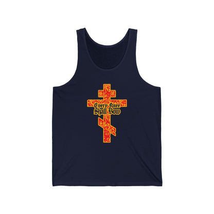 Navy Christian tank top featuring a gold and red floral Orthodox cross with Gothic "Every Knee Shall Bow" lettering. Inspired by Isaiah 45:22-24 & Philippians 2:7-11.