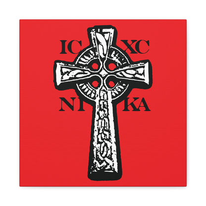 The ICXC NIKA Celtic Knotwork Cross features a black and white cross with Greek letters on a red background, symbolizing Jesus Christ conquers in traditional Orthodox Christian wall art.