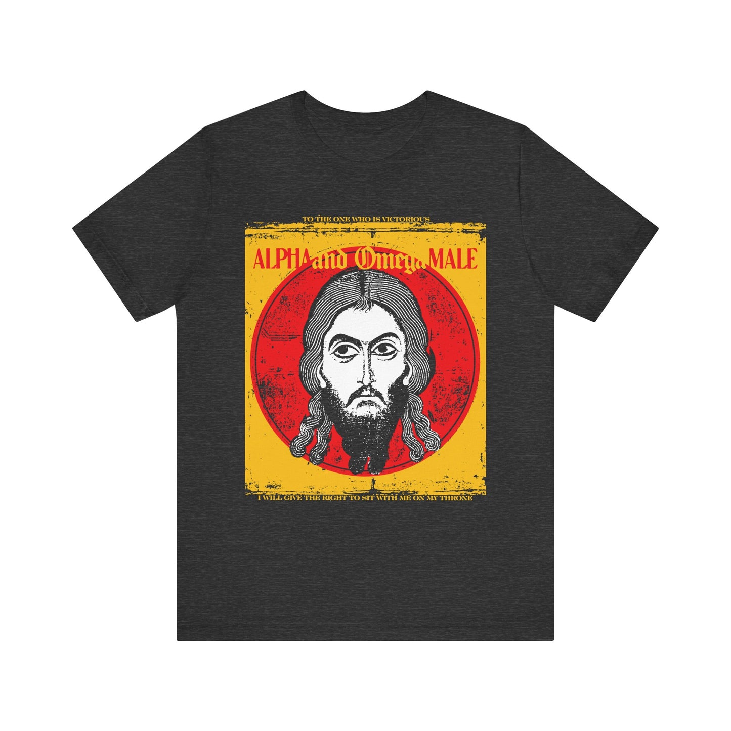 Dark Grey Heather tee with an Image of Edessa “Alpha & Omega Male” design—Orthodox-inspired, featuring Jesus Christ and the phrase “To the One Who Is Victorious.” Lightweight cotton unisex fit.