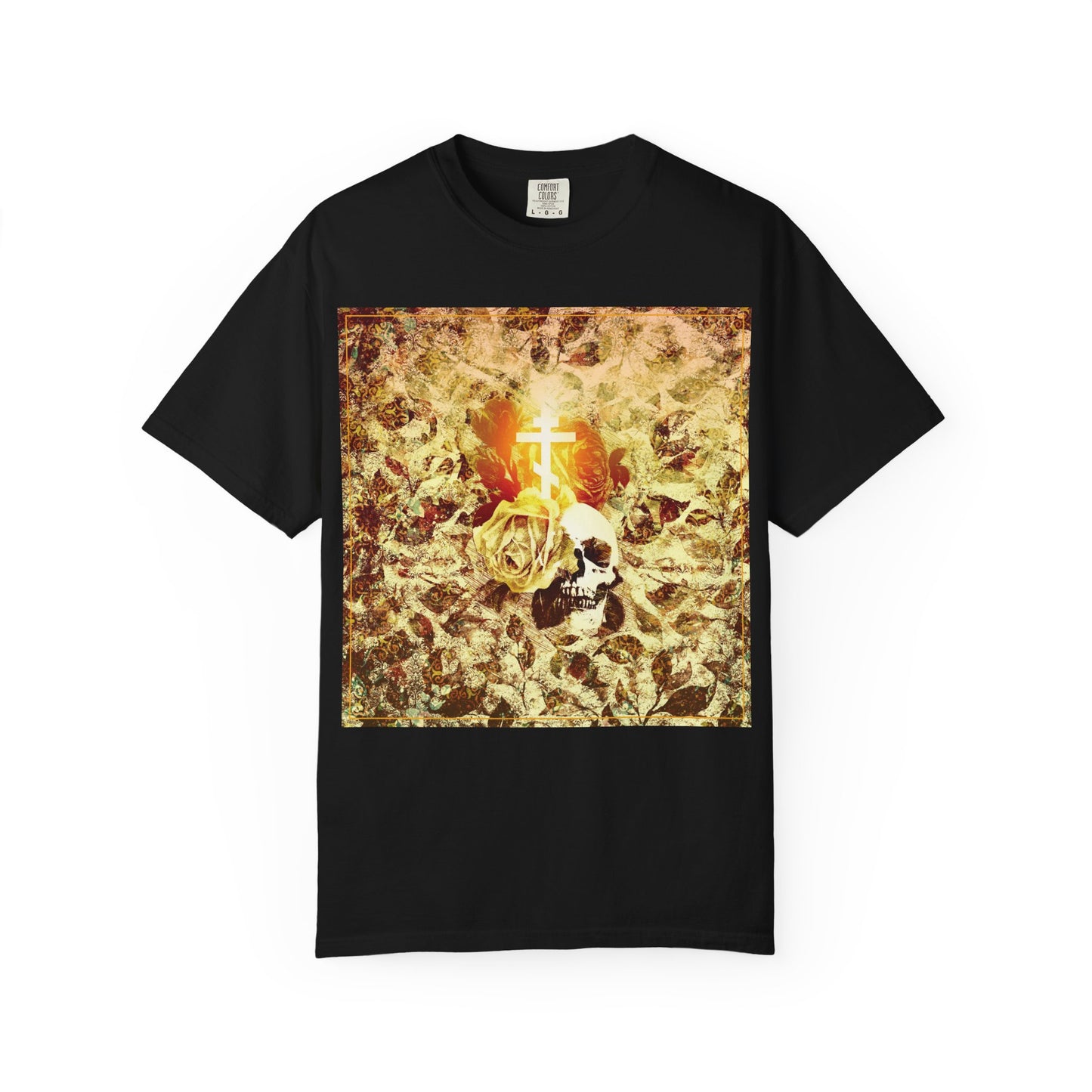Black Rose & Skull Glowing Orthodox Cross unisex heavyweight cotton tee featuring a gothic Christian aesthetic, with a white cross, skull, and rose over a gold floral textured background, inspired by the Ezekiel prophecy and the vision of the valley of dry bones.