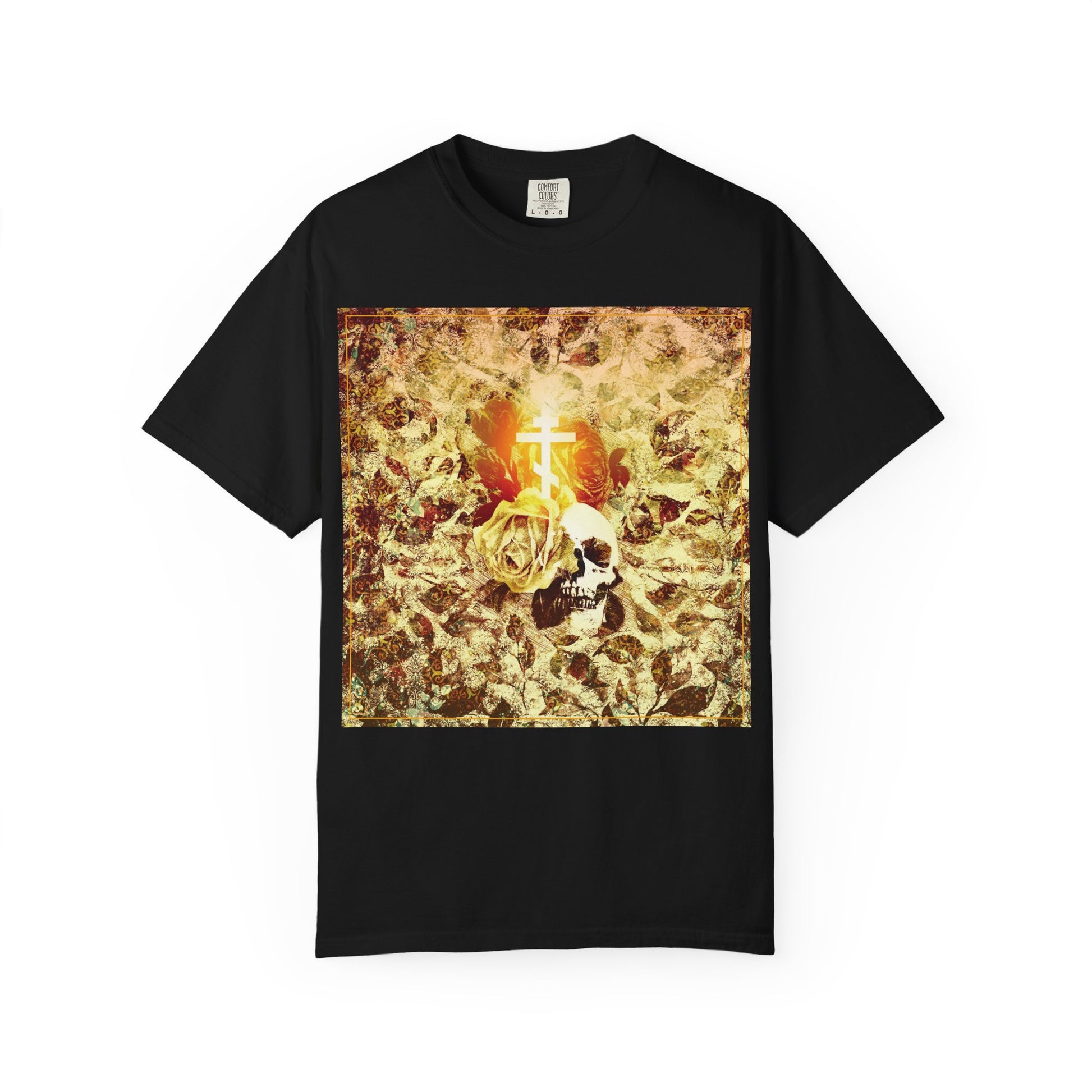 Black Rose & Skull Glowing Orthodox Cross unisex heavyweight cotton tee featuring a gothic Christian aesthetic, with a white cross, skull, and rose over a gold floral textured background, inspired by the Ezekiel prophecy and the vision of the valley of dry bones.