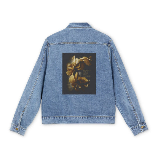 Medium denim wash jean jacket featuring a floral graphic on the back and the phrase "Beauty Will Save the World," celebrating Jesus Christ as Universal Creator & King. Christian artwork inspired by Dostoevsky.