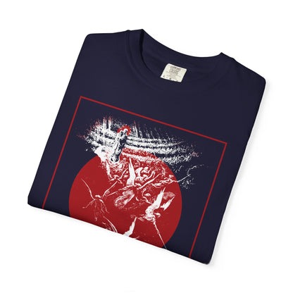 Folded dark blue Infinite Benevolence Will Seem Menacing to the Unrepentant t-shirt with a red and white graphic.