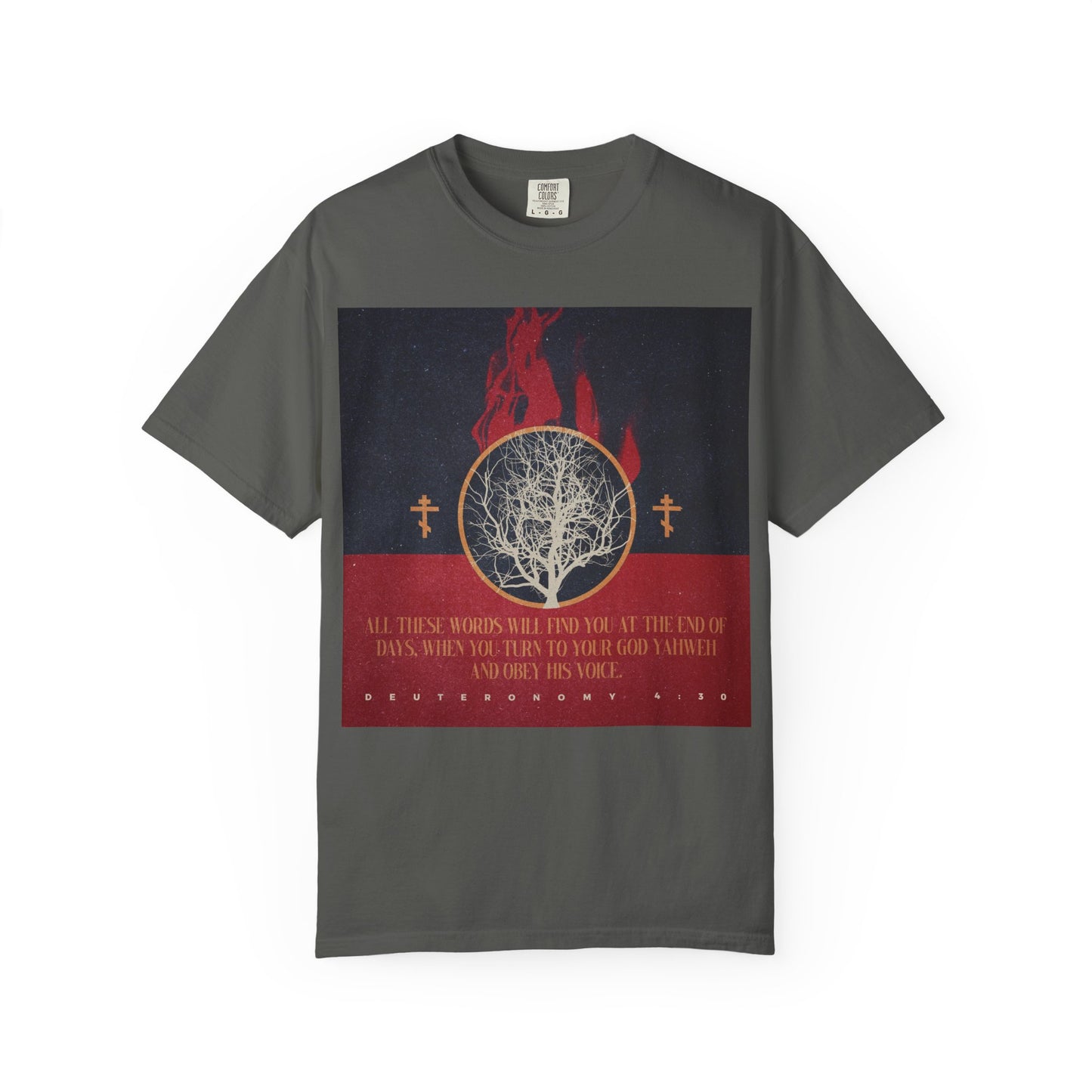 Pepper-colored “All These Words Will Find You at the End of Days (Deut. 4:30)” heavyweight cotton unisex tee, featuring a graphic of a burning bush, Orthodox crosses, and the Bible verse Deuteronomy 4:30—reminding you to obey His voice and trust in YHVH.