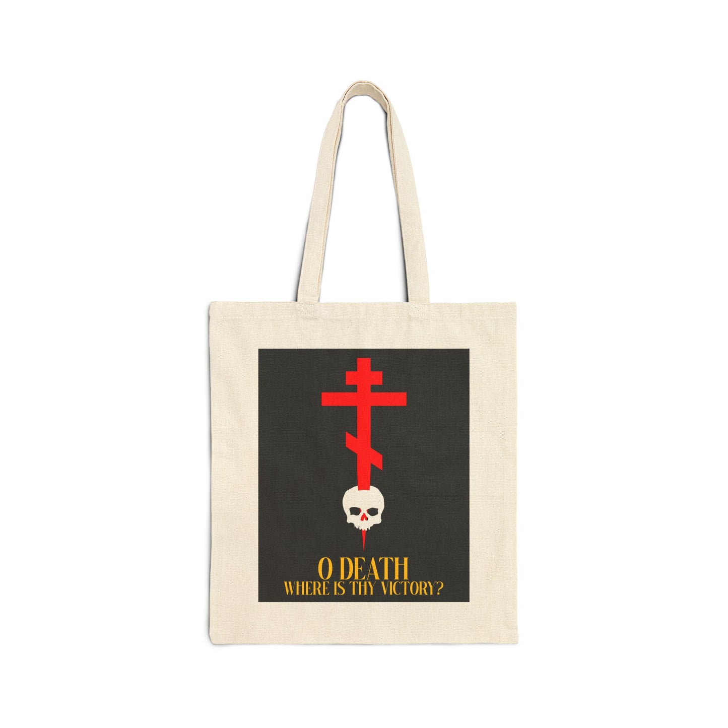 Natural canvas tote bag featuring a cross stabbing a skull with yellow text, "O Death Where is Thy Victory? (1 Corinthians 15:55)." An Orthodox Christian design inspired by the Resurrection.