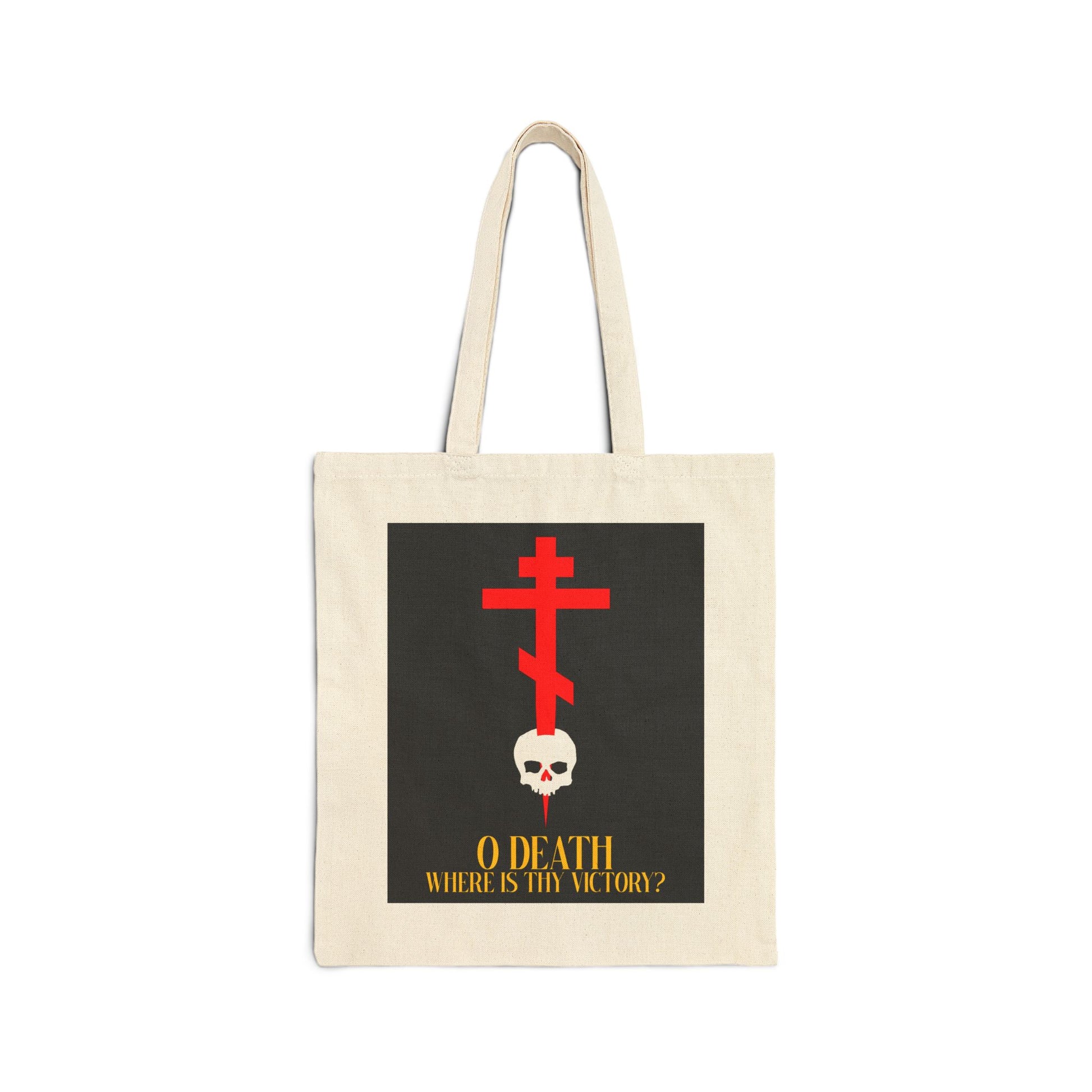 Natural canvas tote bag featuring a cross stabbing a skull with yellow text, "O Death Where is Thy Victory? (1 Corinthians 15:55)." An Orthodox Christian design inspired by the Resurrection.