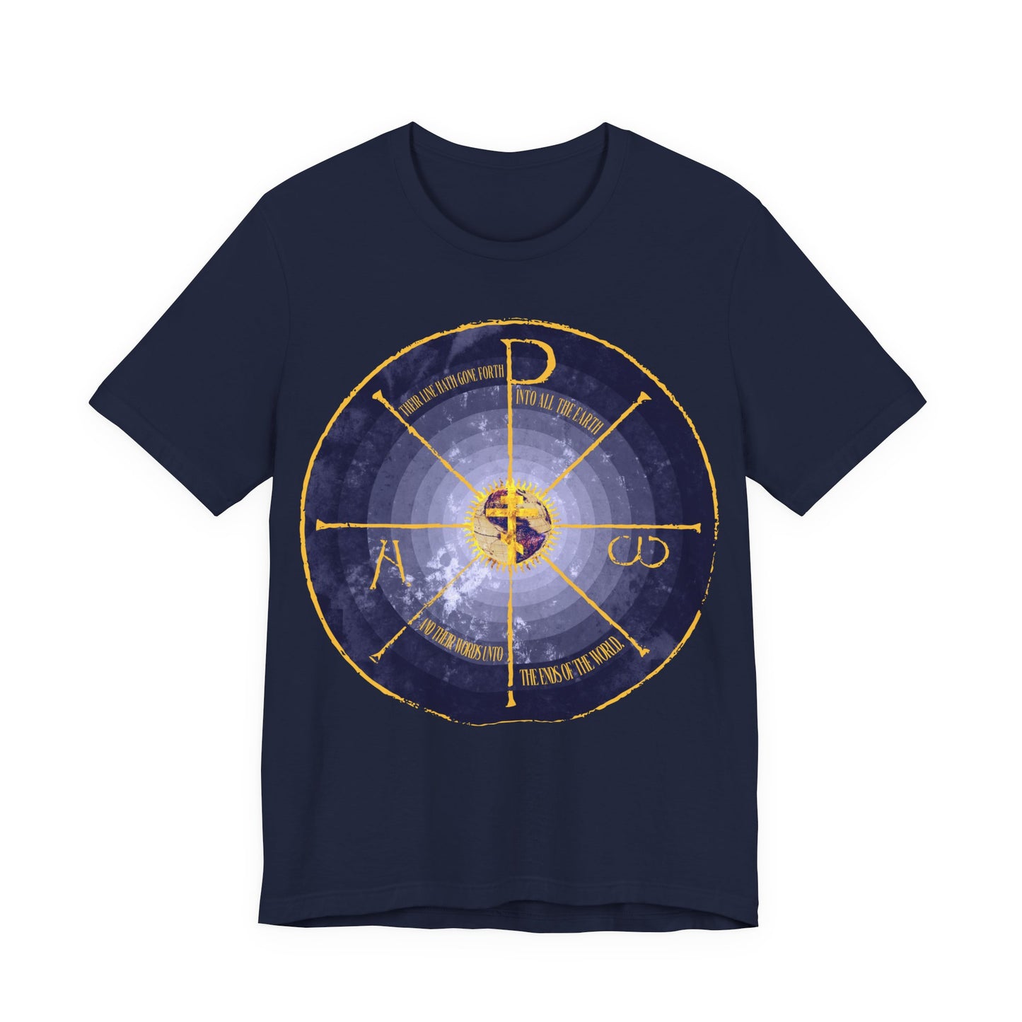 Geocentric Cross & Chi Rho | Alpha & Omega | Blue and Yellow Design | Medieval Style Graphic | Orthodox Christian Cotton T-Shirt