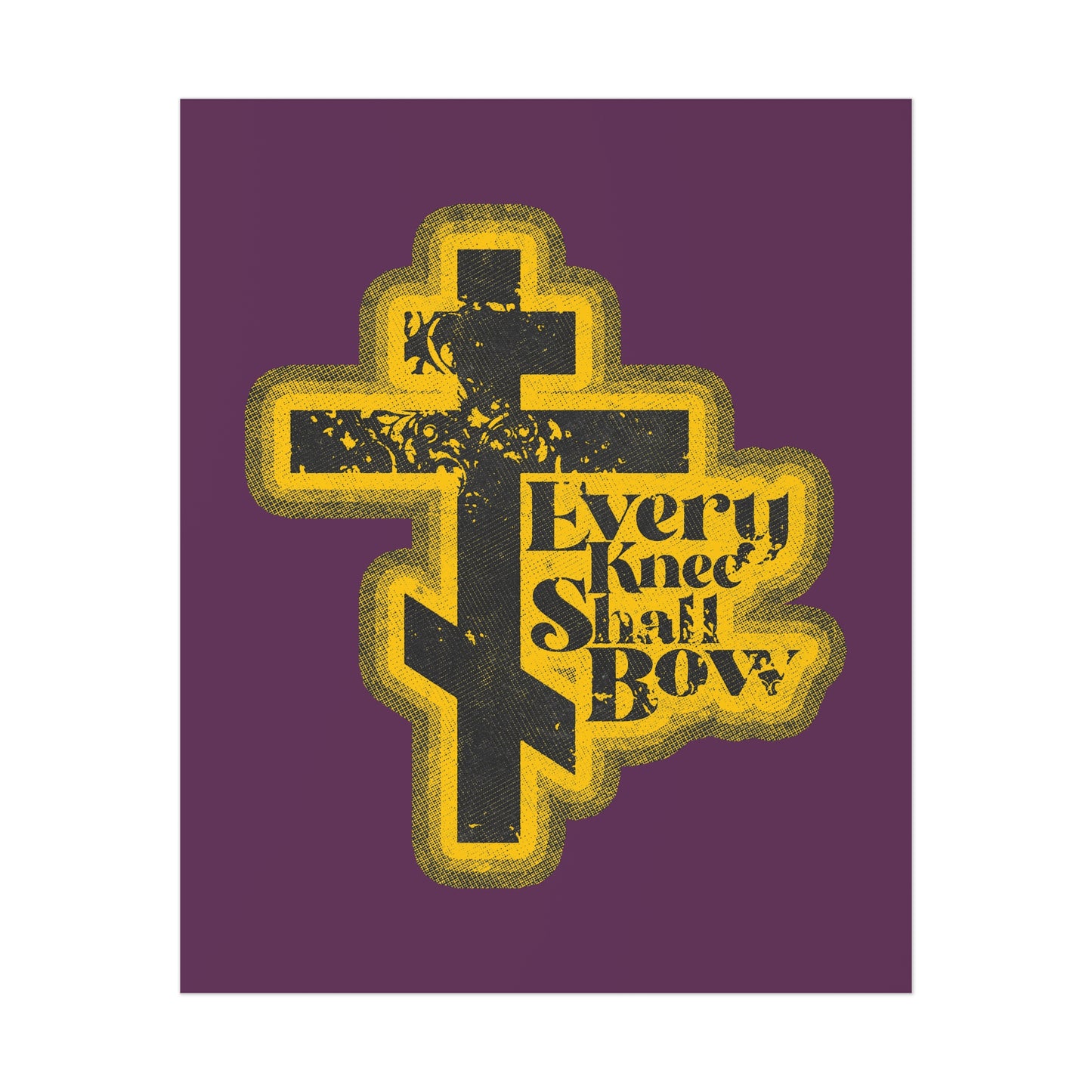 Every Knee Shall Bow Orthodox Christian art poster features a 70s distressed halftone comic book aesthetic with Philippians 2:10-11 and Isaiah 45:23, proclaiming Jesus Christ is Lord.