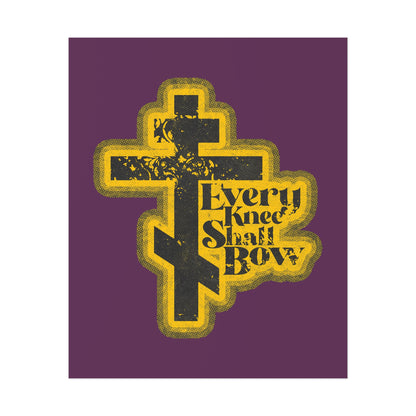 Every Knee Shall Bow Orthodox Christian art poster features a 70s distressed halftone comic book aesthetic with Philippians 2:10-11 and Isaiah 45:23, proclaiming Jesus Christ is Lord.