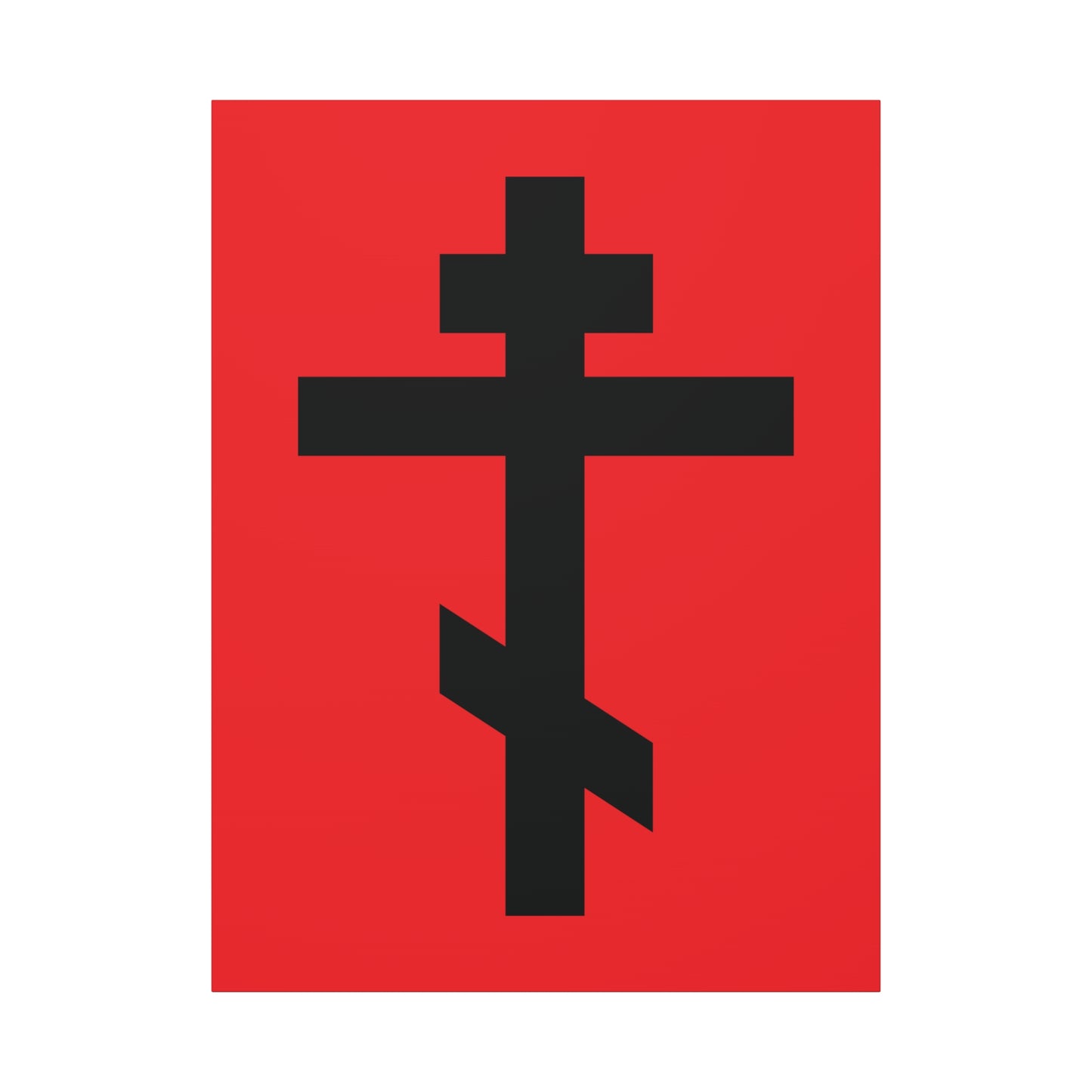 The Black Orthodox Cross Red Background canvas art features a striking black cross on red, with the inscription "May I never boast, except in the cross of our Lord Jesus Christ" (Gal 6:14), perfect for Orthodox-inspired decor.