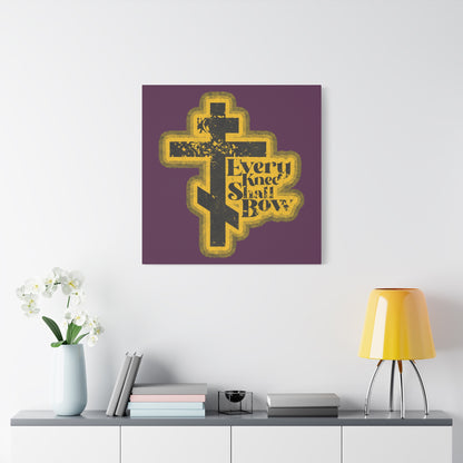 The "Every Knee Shall Bow" wall art, featuring a 70s distressed halftone comic book aesthetic and referencing Philippians 2:10-11 & Isaiah 45:23, beautifully proclaims Jesus Christ as Lord in your home.
