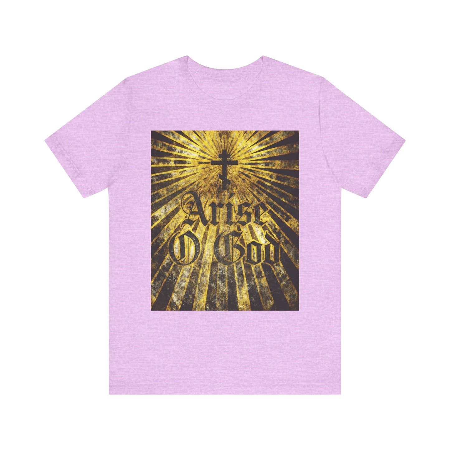 Heather Prism Lilac “Arise O God” T-shirt features Psalm 81 (82 LXX), textured gothic font, Orthodox cross, and golden rays—lightweight cotton unisex tee inspired by the Divine Council.